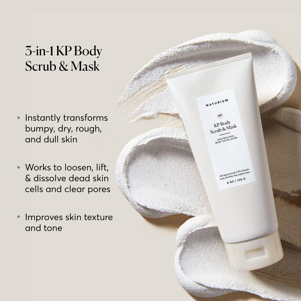 Naturium KP Body Scrub application in shower on wet skin for exfoliation