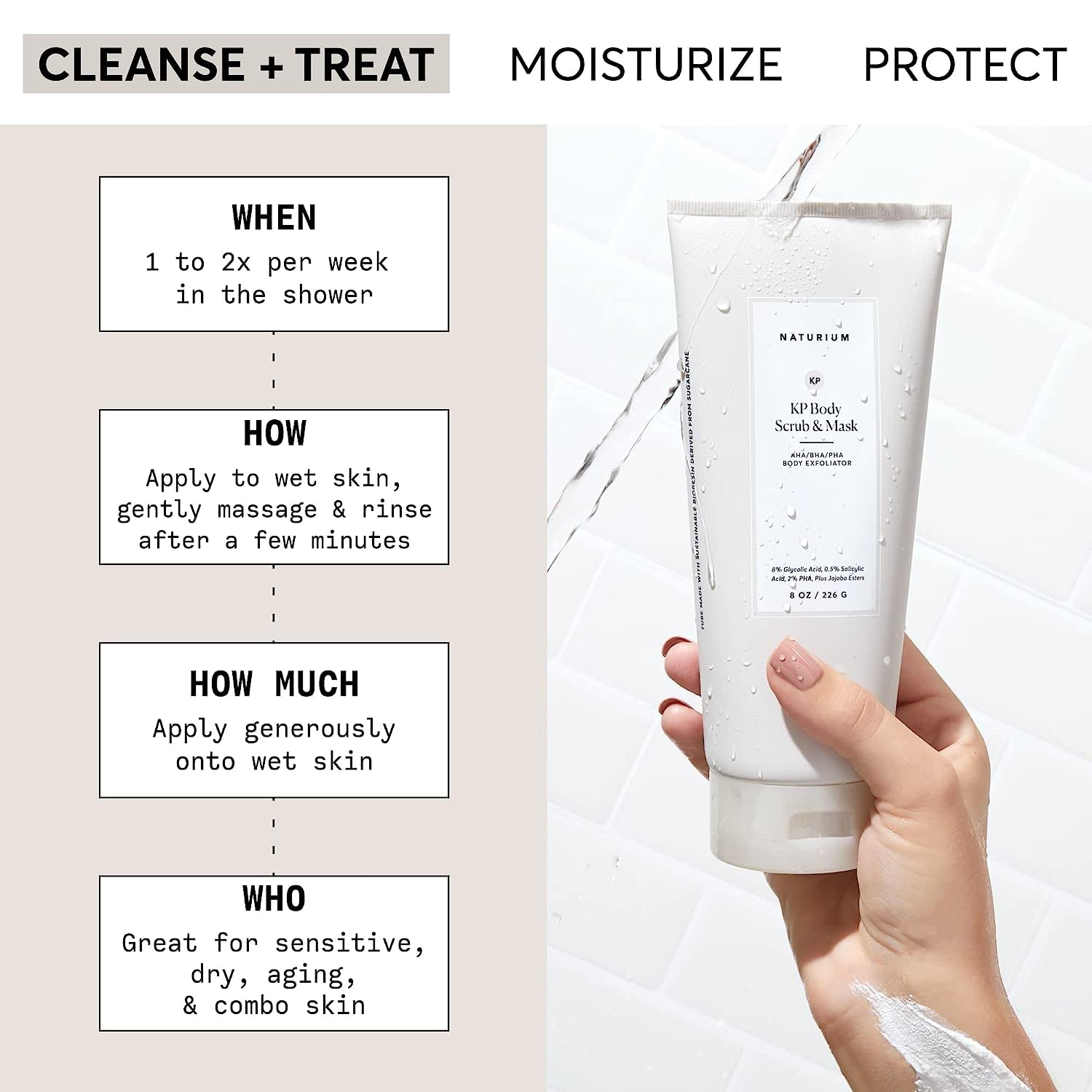 Naturium KP Body Scrub exfoliating pumice beads in motion for smoother skin