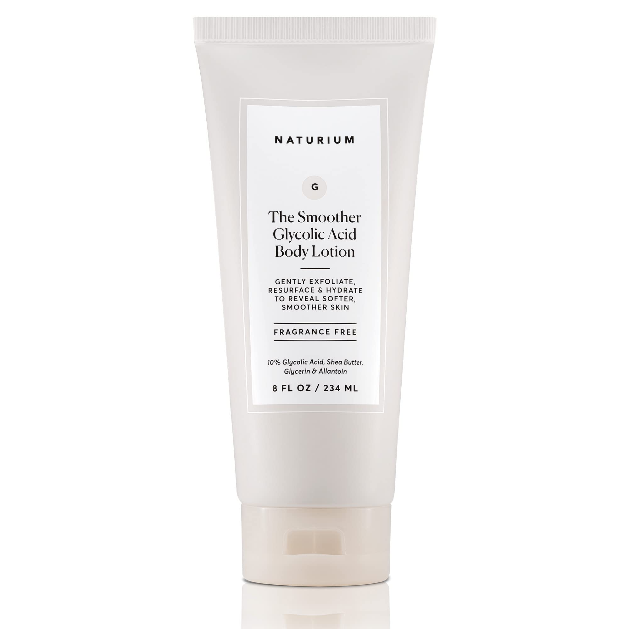 Naturium The Smoother Glycolic Acid Body Lotion application on arm, showcasing skin improvement.