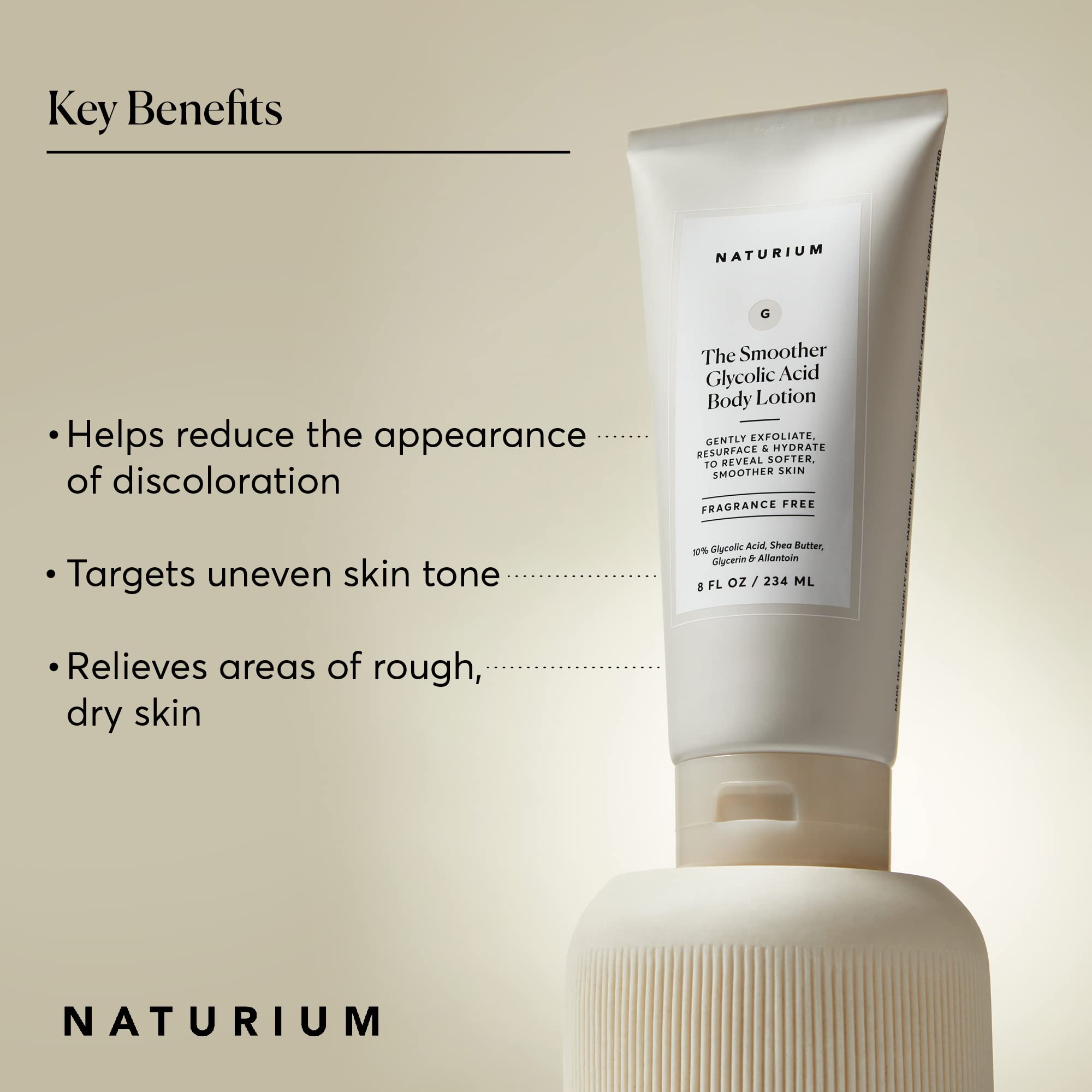 Display of Naturium The Smoother Glycolic Acid Body Lotion ingredients emphasizing natural components.