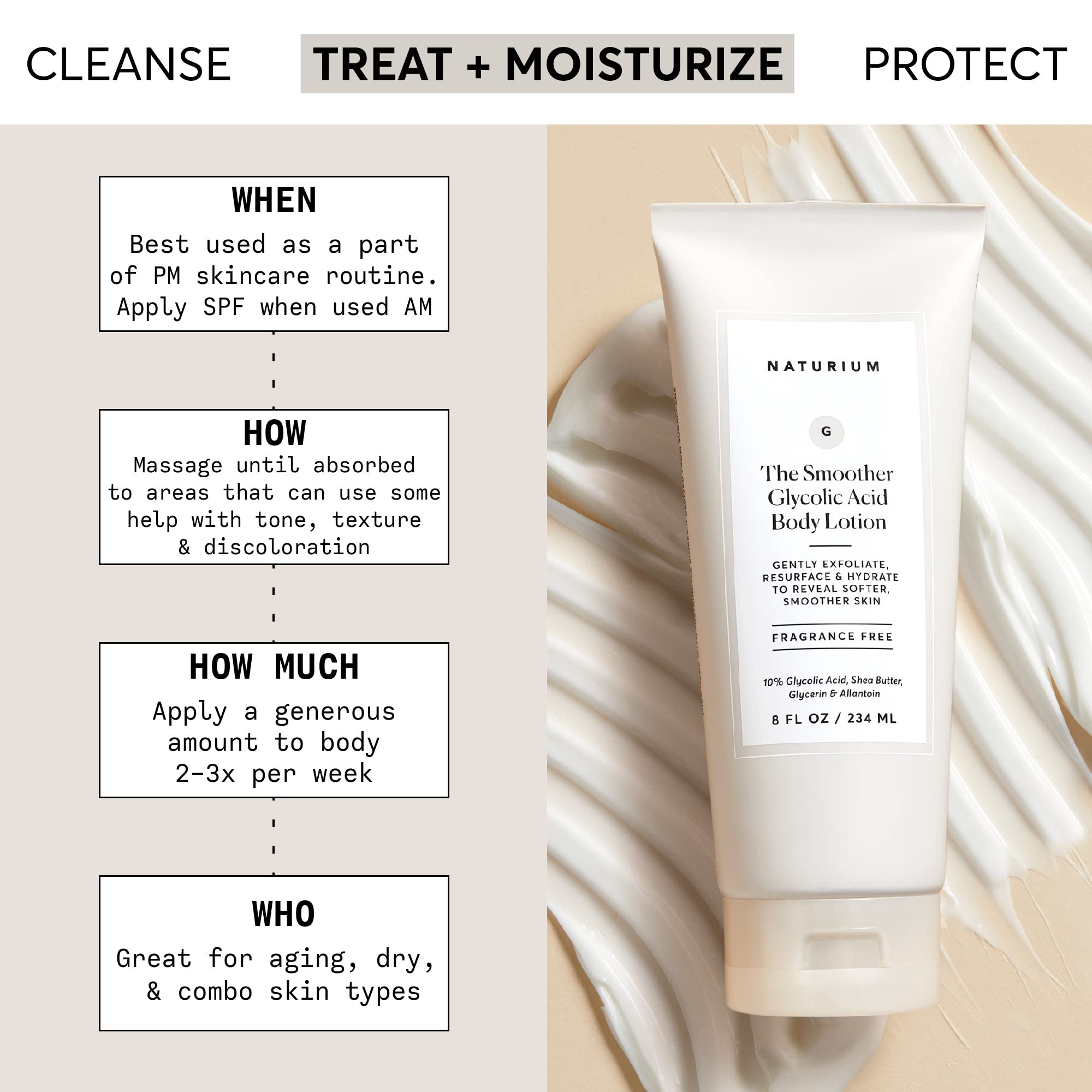 Texture of Naturium The Smoother Glycolic Acid Body Lotion, highlighting its rich consistency.