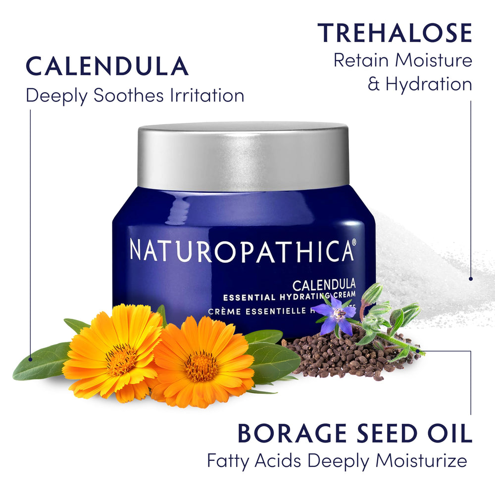 Naturopathica Calendula Essential Hydrating Cream calendula flowers emphasize botanical heritage and gentle skin hydration.