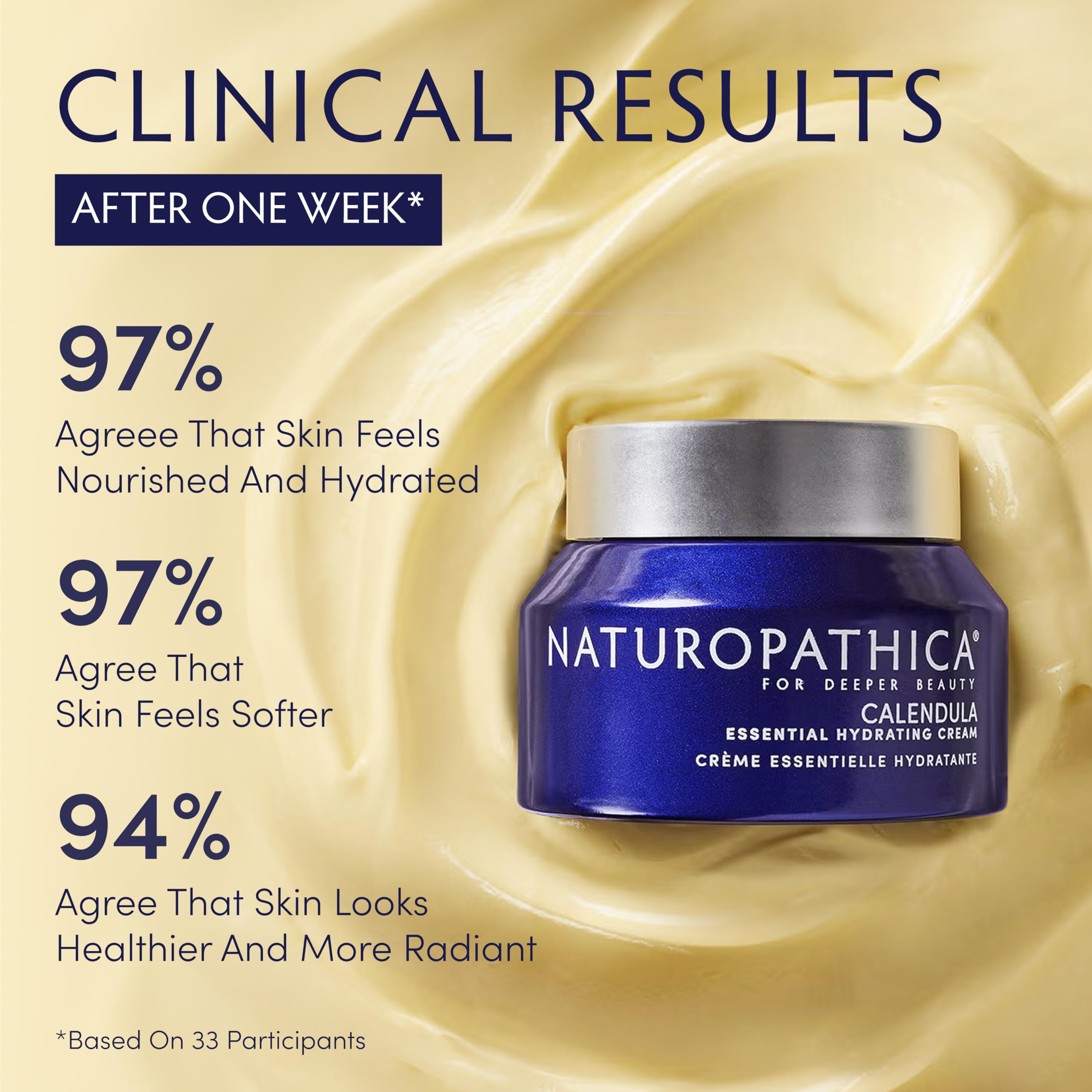 Naturopathica Calendula Essential Hydrating Cream texture swirl showcases luxurious moisture for dehydrated skin.