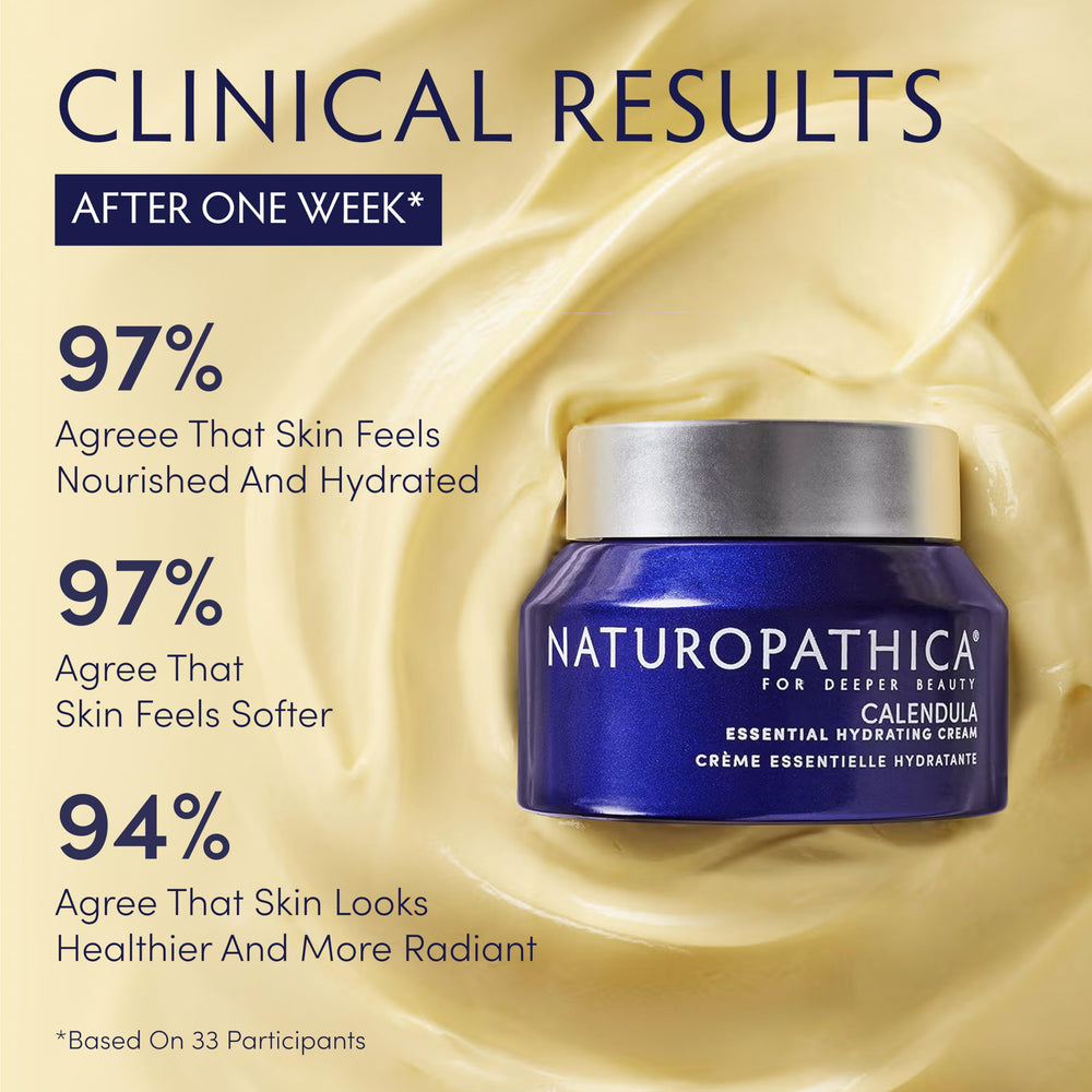 Naturopathica Calendula Essential Hydrating Cream texture swirl showcases luxurious moisture for dehydrated skin.