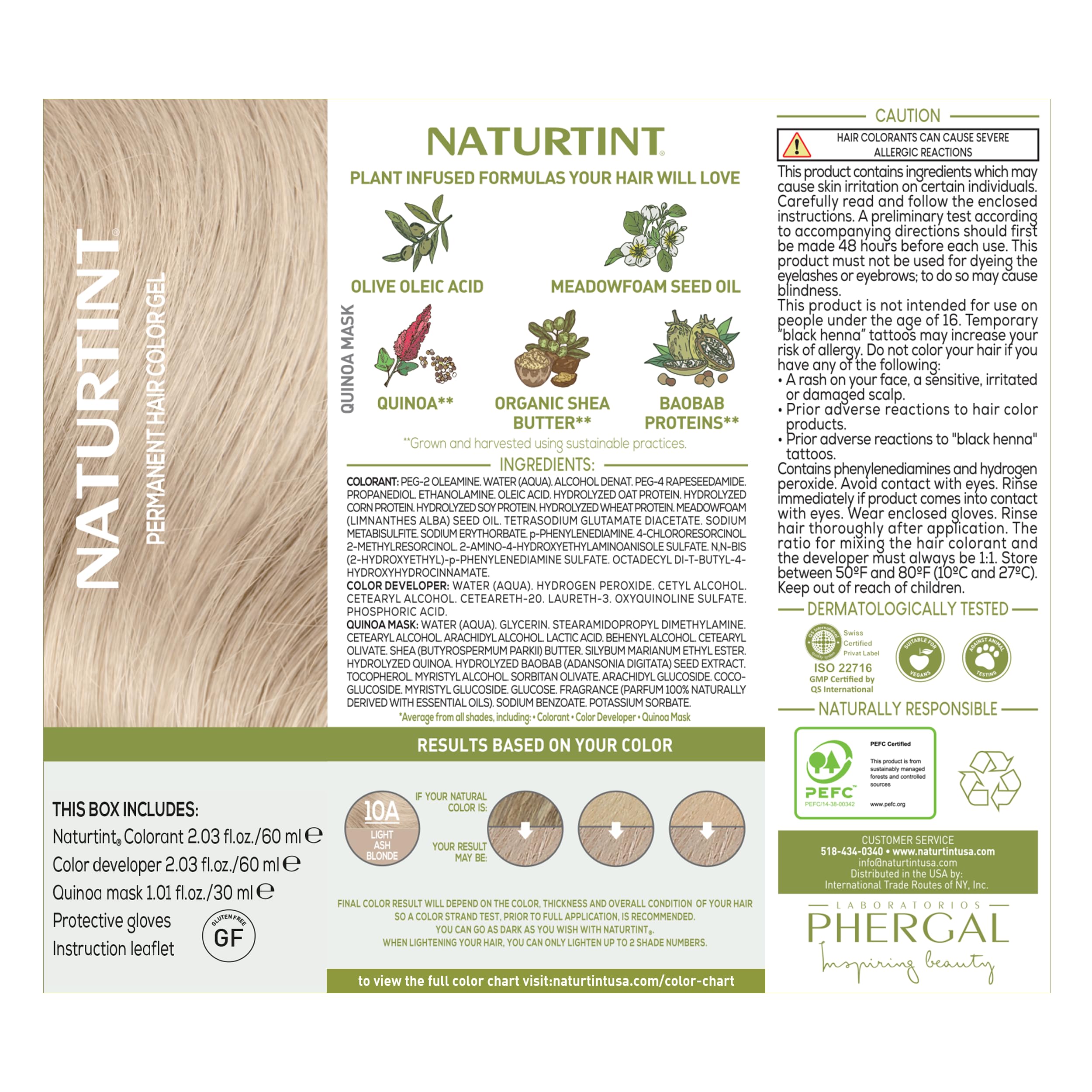 Naturtint 10A ingredients card highlights plant-based, vegan, cruelty-free formula