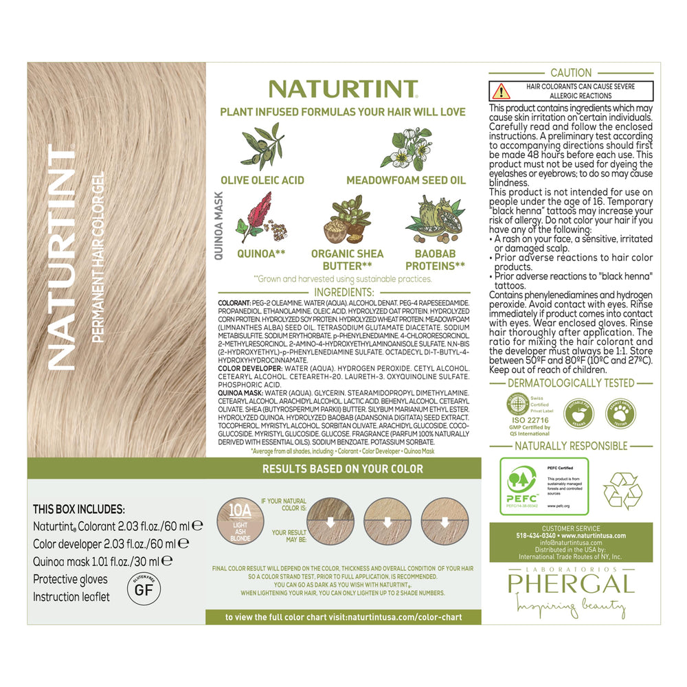 Naturtint 10A ingredients card highlights plant-based, vegan, cruelty-free formula