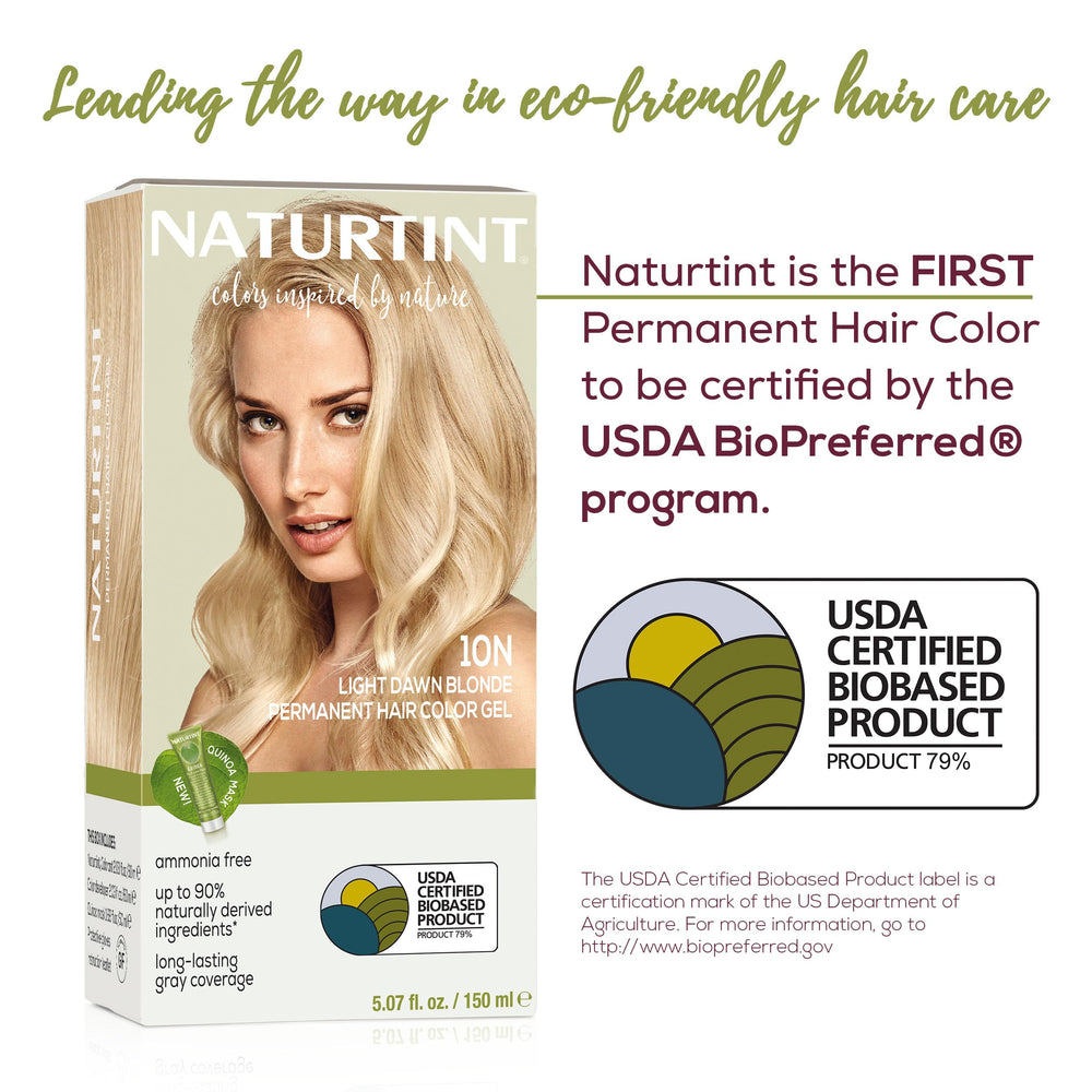 Naturtint 10N Light Dawn Blonde bottle close-up shows plant-based, cruelty-free hair color.