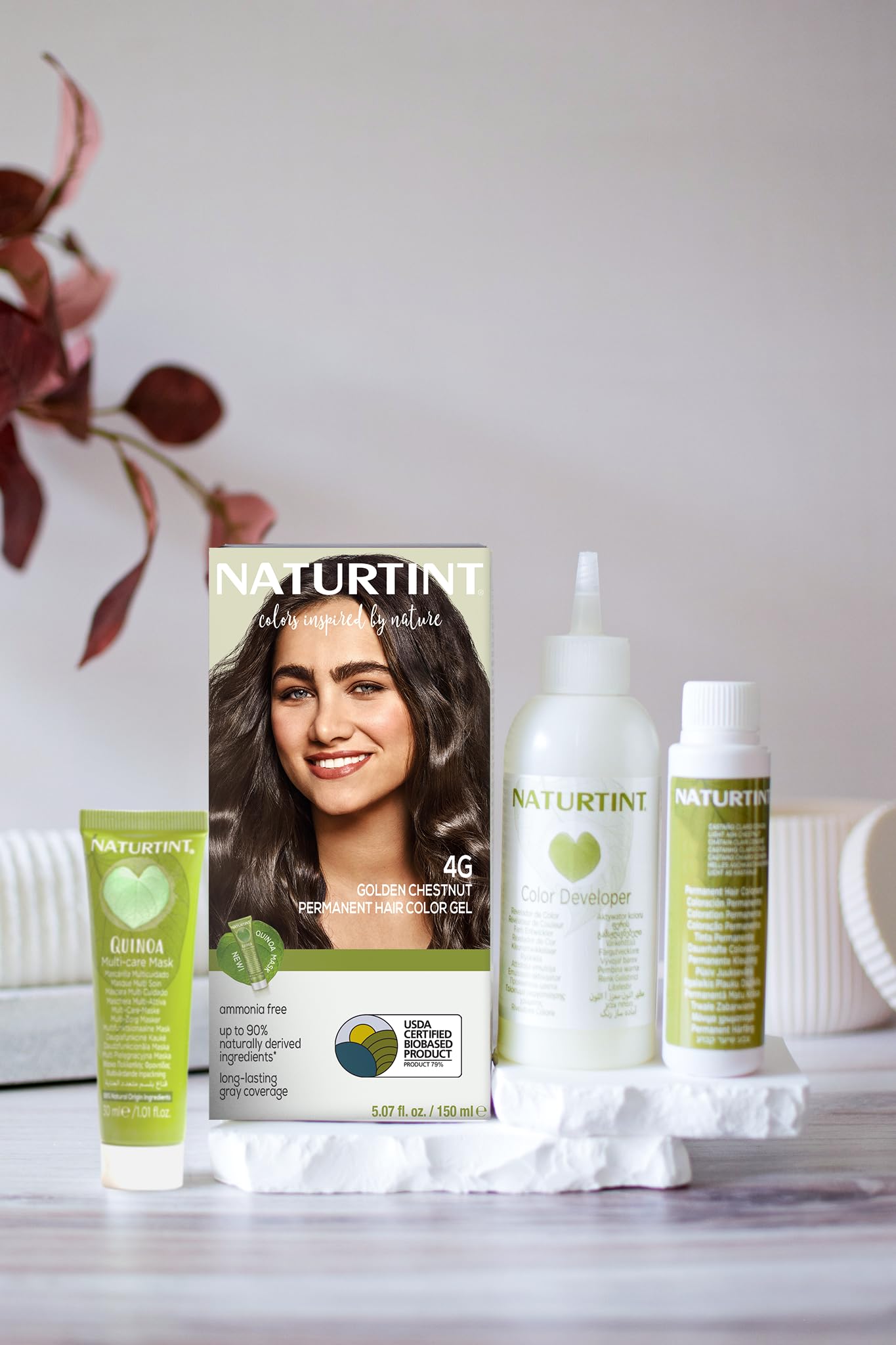 Naturtint 4G Golden Chestnut plant-based formula supports healthier-looking hair.
