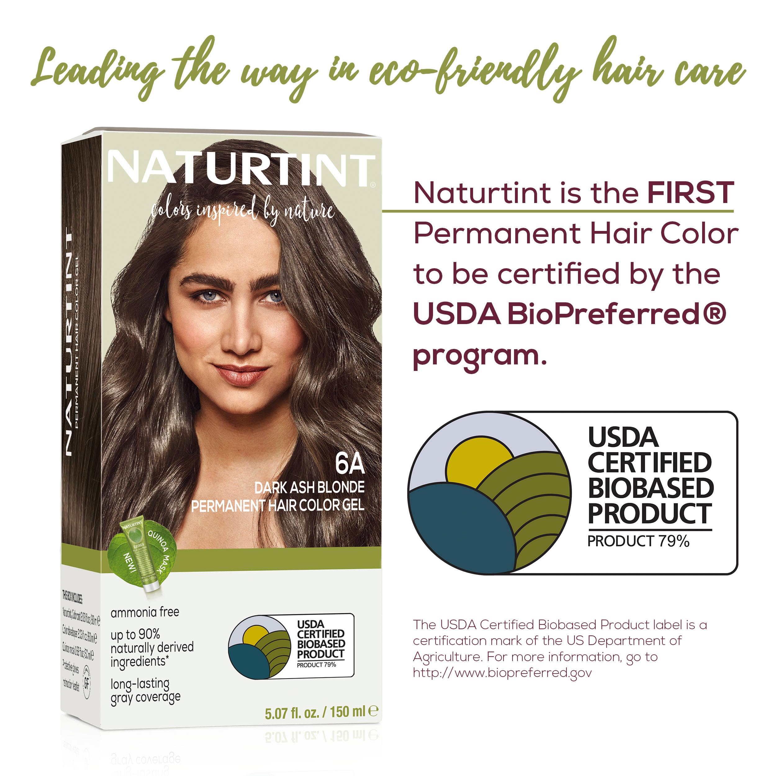 Naturtint 6A Dark Ash Blonde ingredients image shows plant-based formula with no heavy metals
