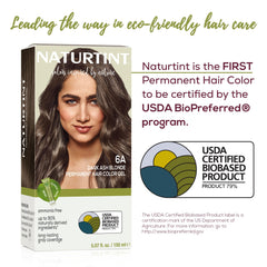 Naturtint 6A Dark Ash Blonde ingredients image shows plant-based formula with no heavy metals