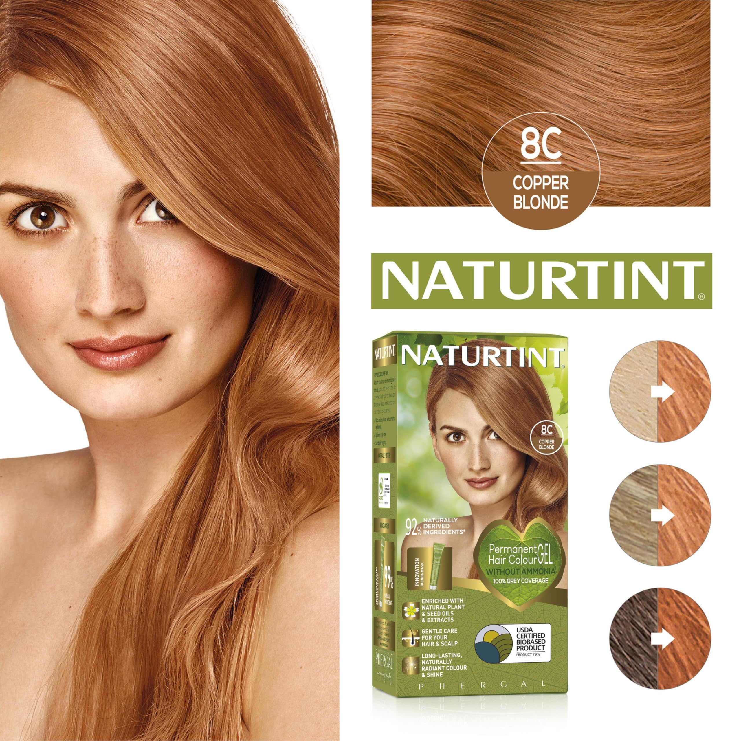 Naturtint 8C Copper Blonde long-lasting color preview hints at durable shade retention.