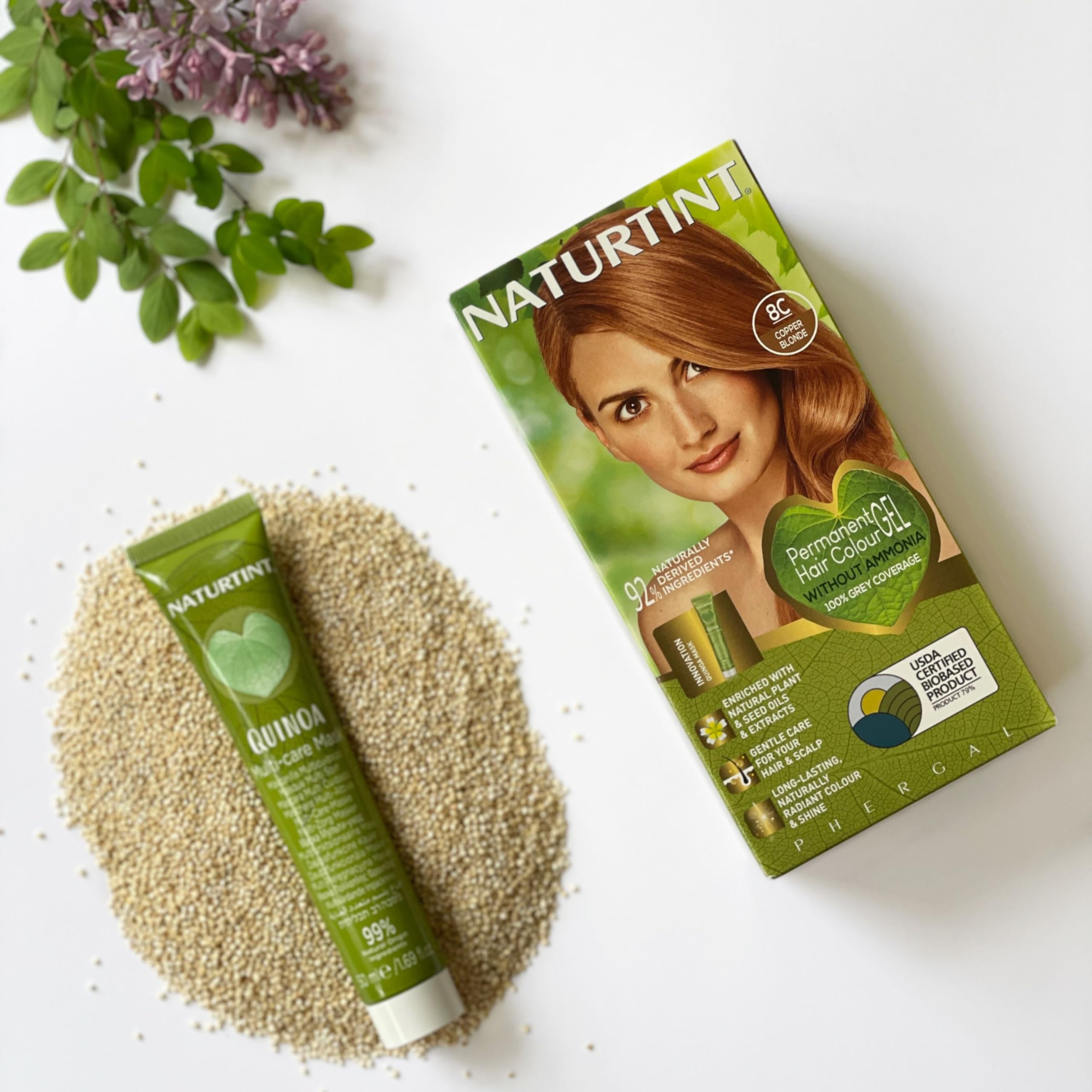 Naturtint 8C Copper Blonde no-ammonia formula indicates gentler color without harsh fumes.