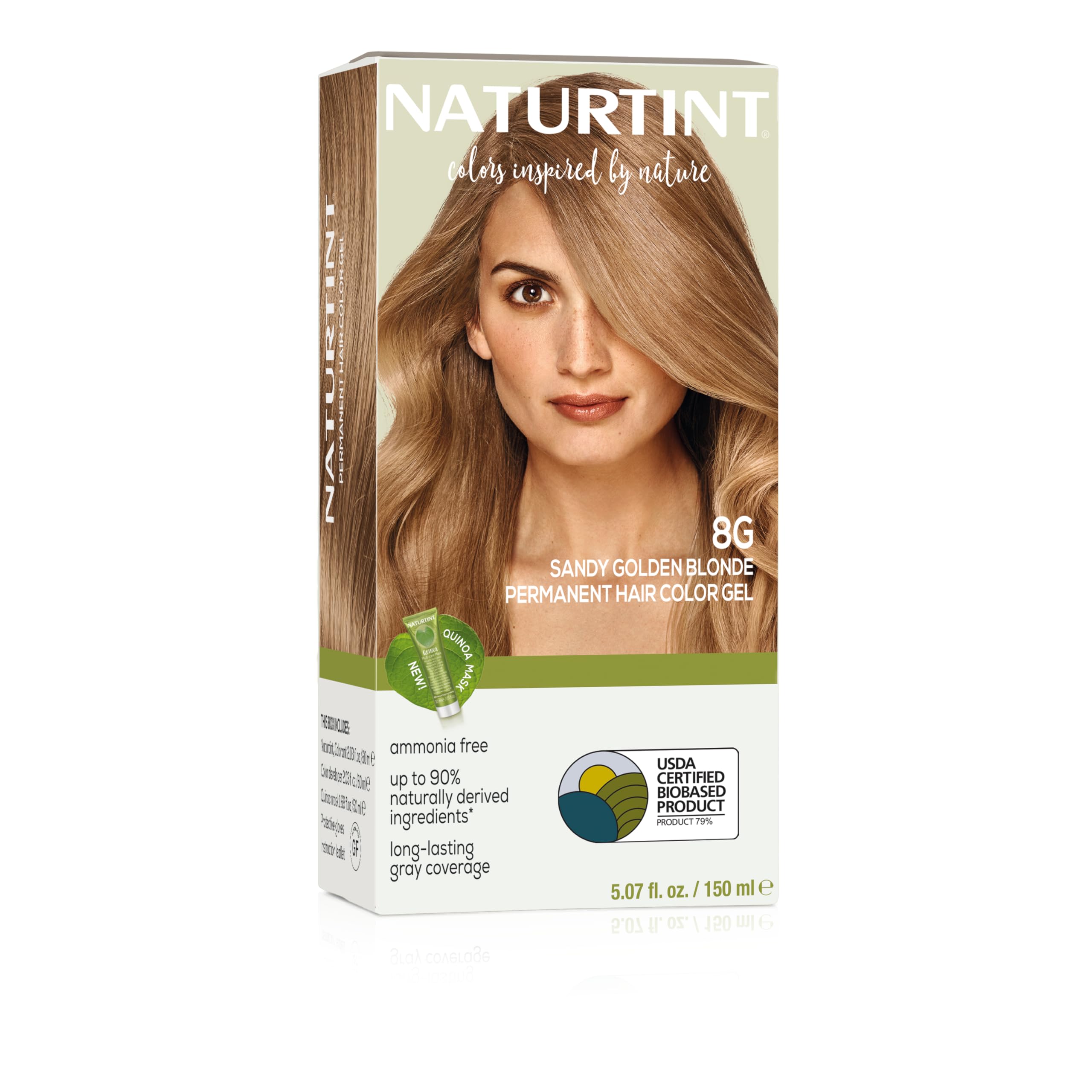 Naturtint 8G Sandy Golden Blonde packaging highlights ammonia-free vegan color for at-home use.