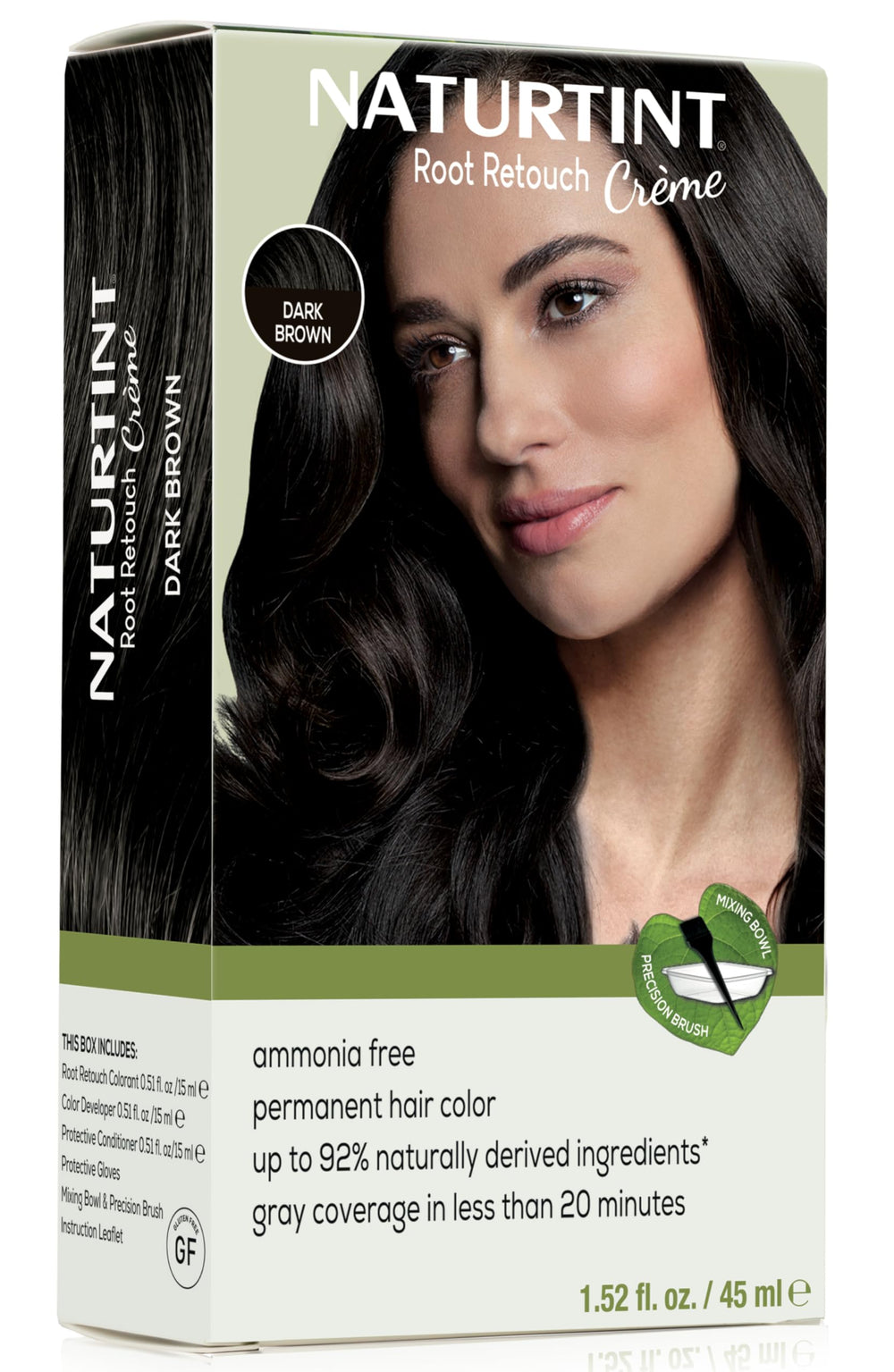 Naturtint dark brown root retouch cream packaging for quick gray blending.