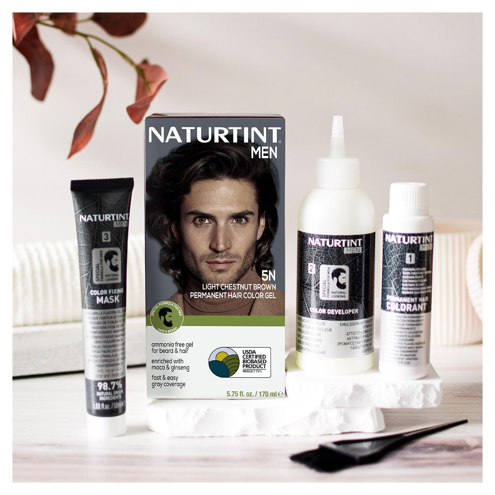 Naturtint ingredients visual featuring maca, ginseng, meadowfoam for hair-strengthening care