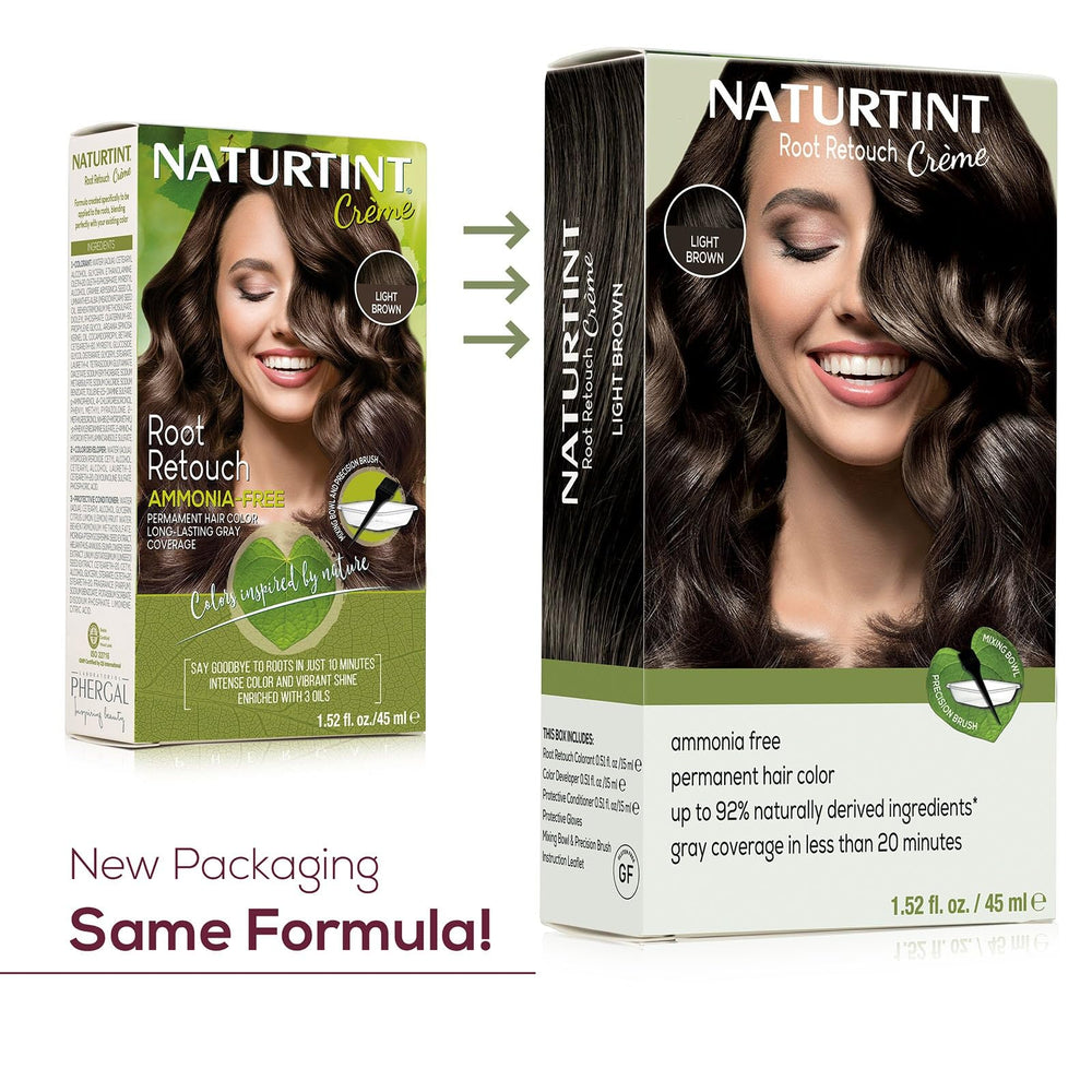Naturtint Light Brown Root Retouch Creme tube closeup emphasizes quick, under-20-minute color blending.