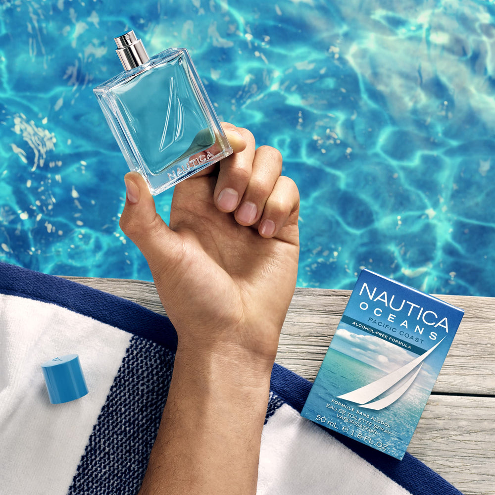 Nautica Oceans Pacific Coast vegan formula label communicates skin-friendly, alcohol-free experience.