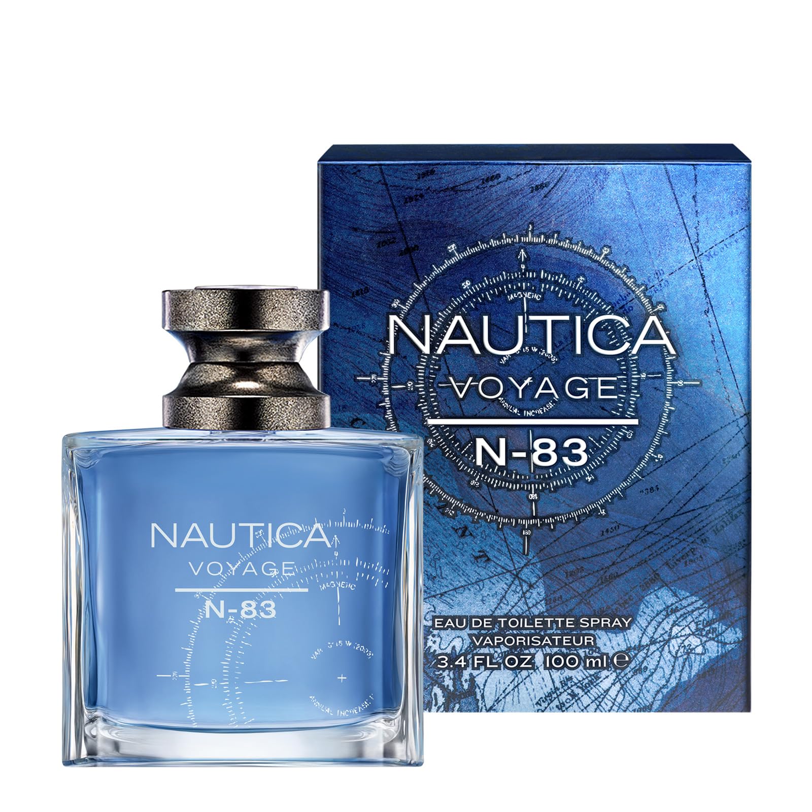 Nautica Voyage N83 fragrance notes visual highlighting sea breeze and herbal spice for seasonal use.