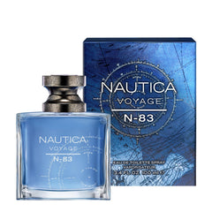 Nautica Voyage N83 fragrance notes visual highlighting sea breeze and herbal spice for seasonal use.