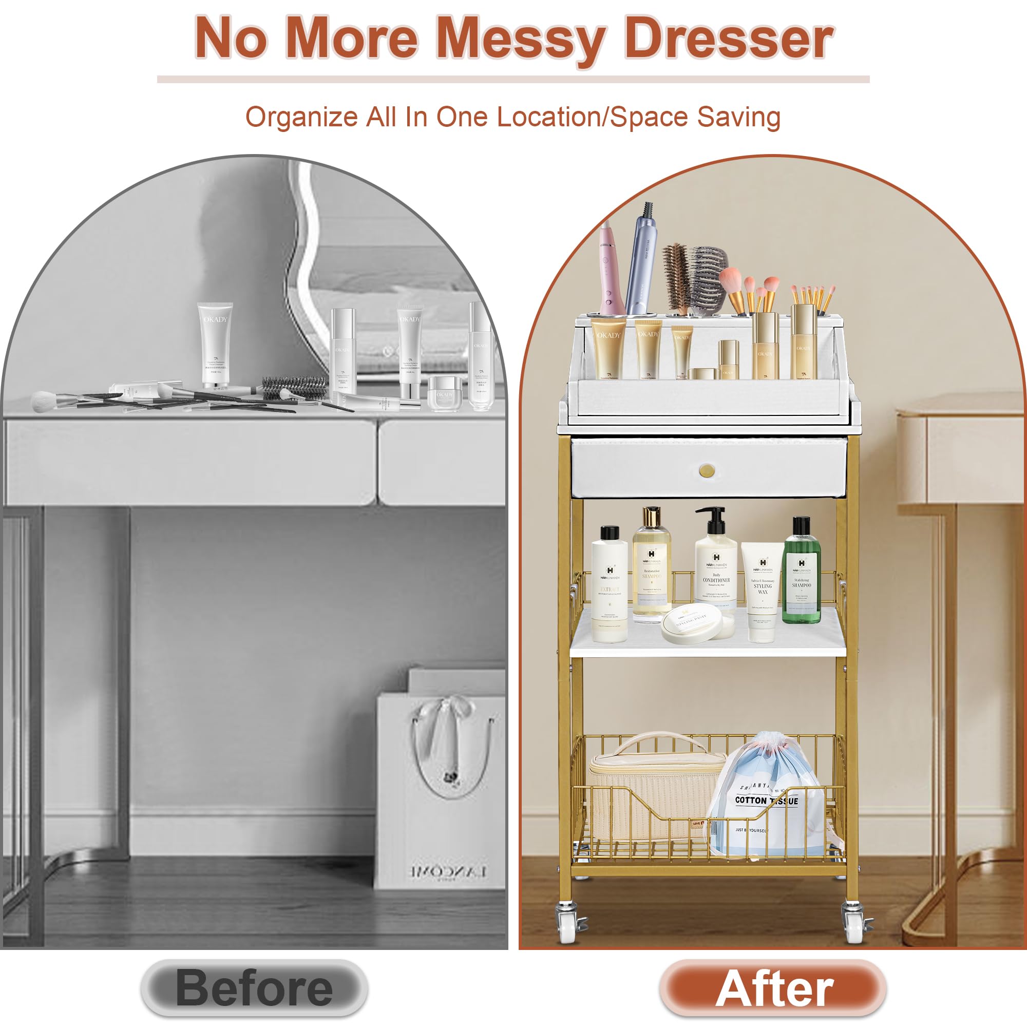NauwaBarn makeup cart bottom basket storing bulky items like hair accessories