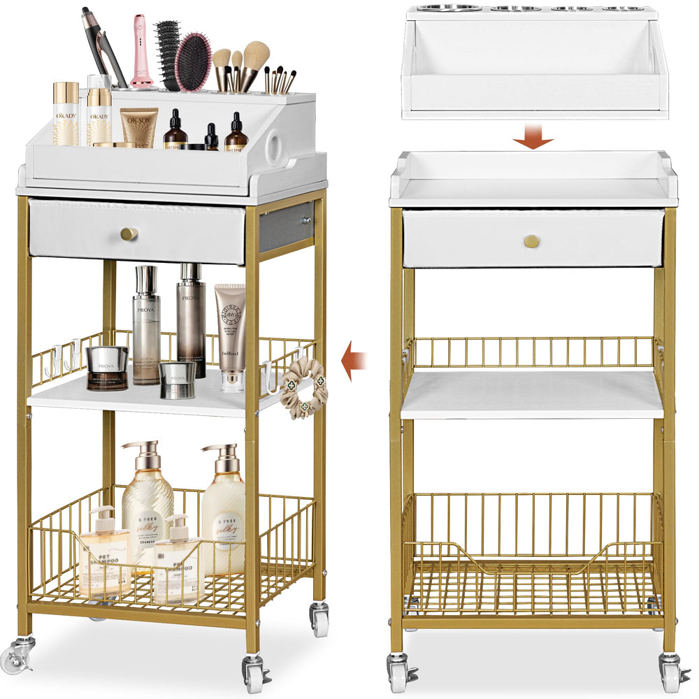 NauwaBarn makeup cart front view in gold finish for clutter-free vanity storage