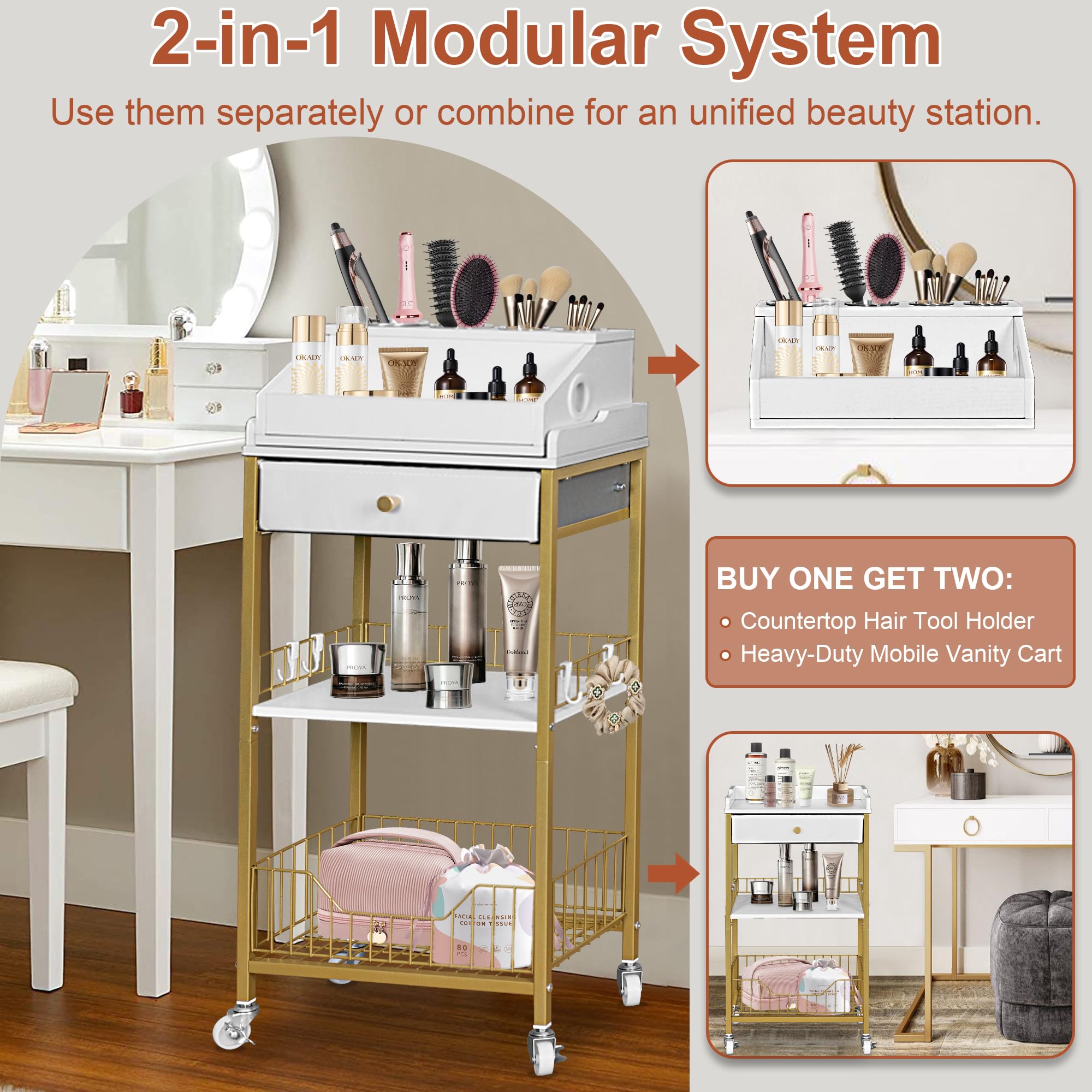 NauwaBarn makeup cart detachable hair tool holder doubles as standalone vanity organizer