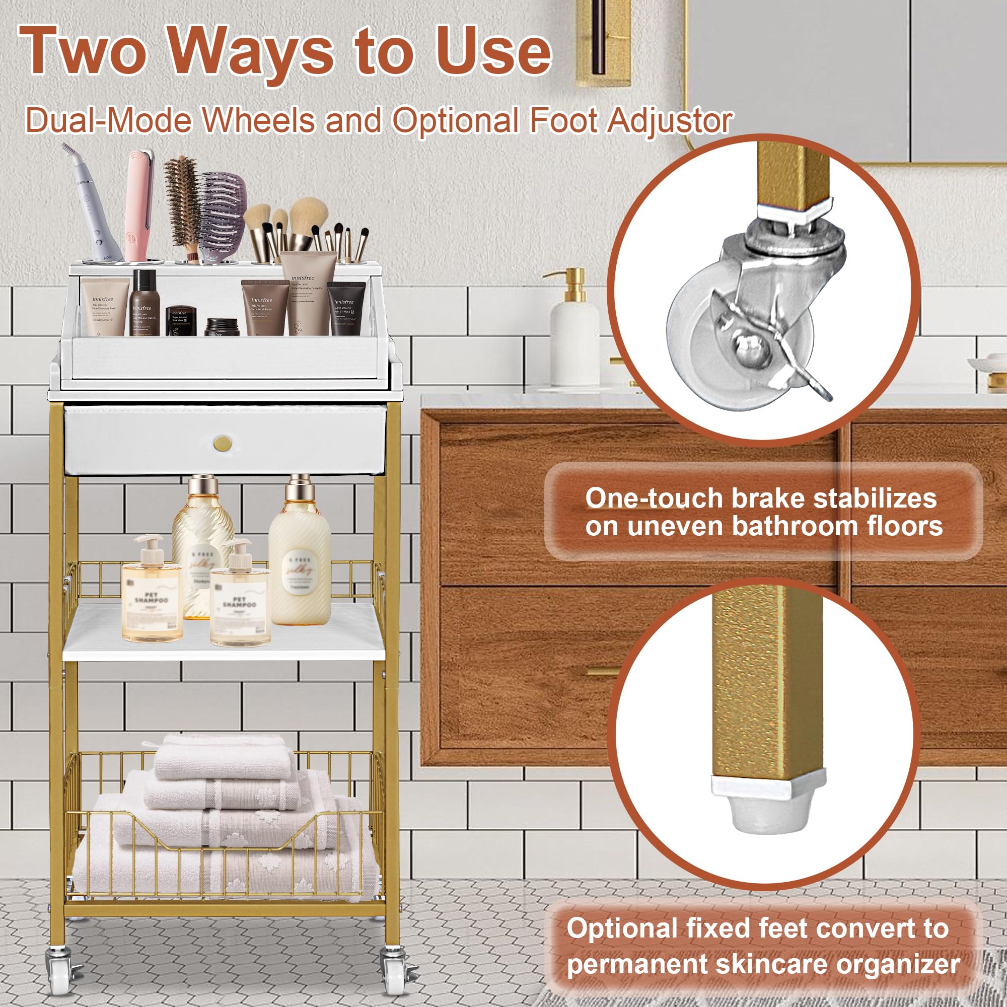 NauwaBarn makeup cart wheels mode switch for easy movement