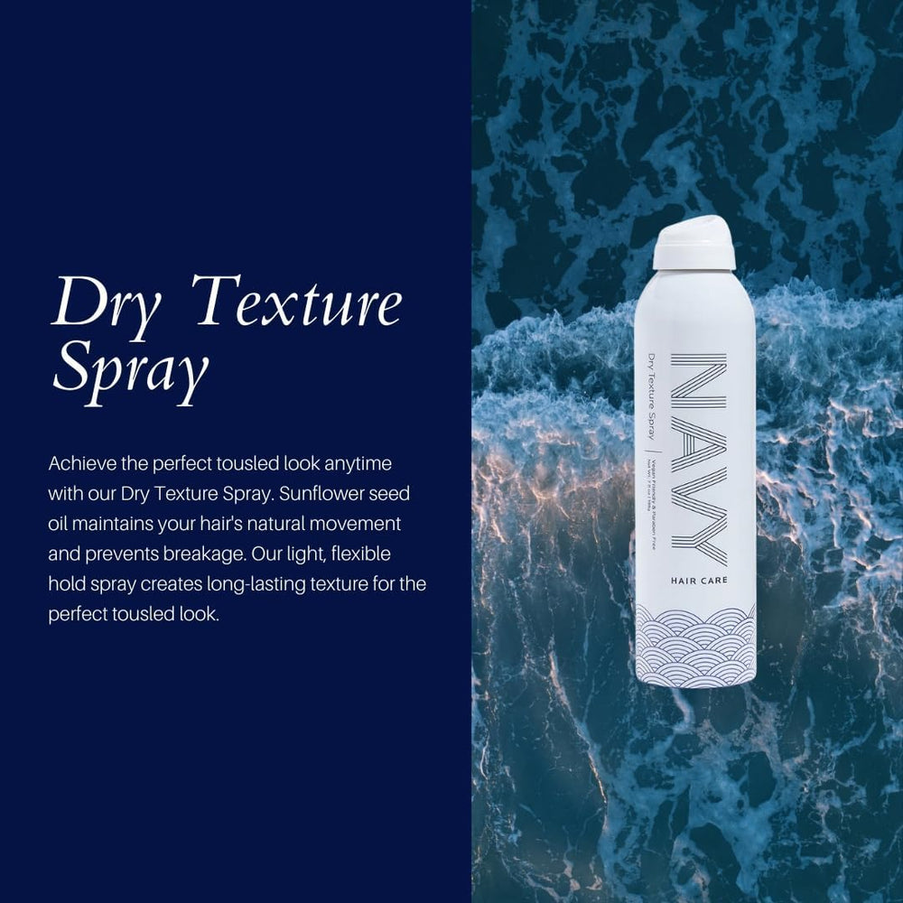 NAVY Hair Care Dry Texture Spray packaging emphasizes clean beauty and vegan formula.