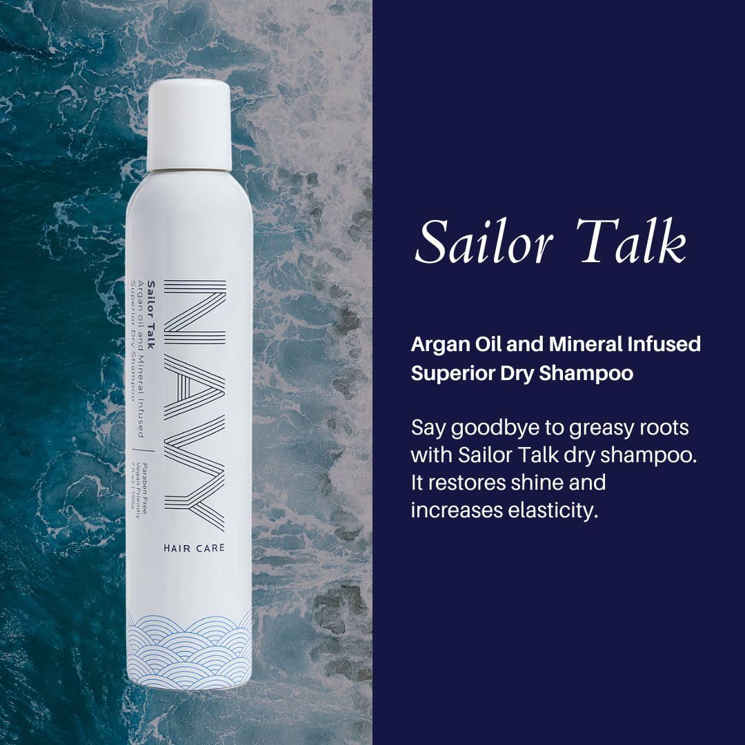 NAVY HAIR CARE Sailor Talk Dry Shampoo being sprayed to absorb oil at roots