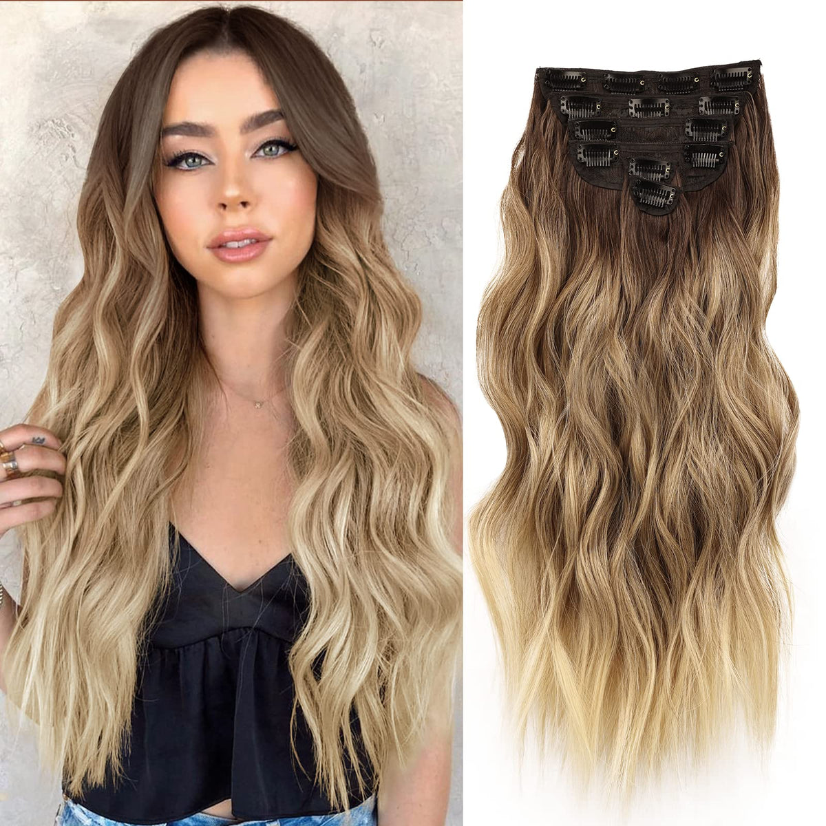 NAYOO clip-in extensions deliver full-head volume with a six-piece set.