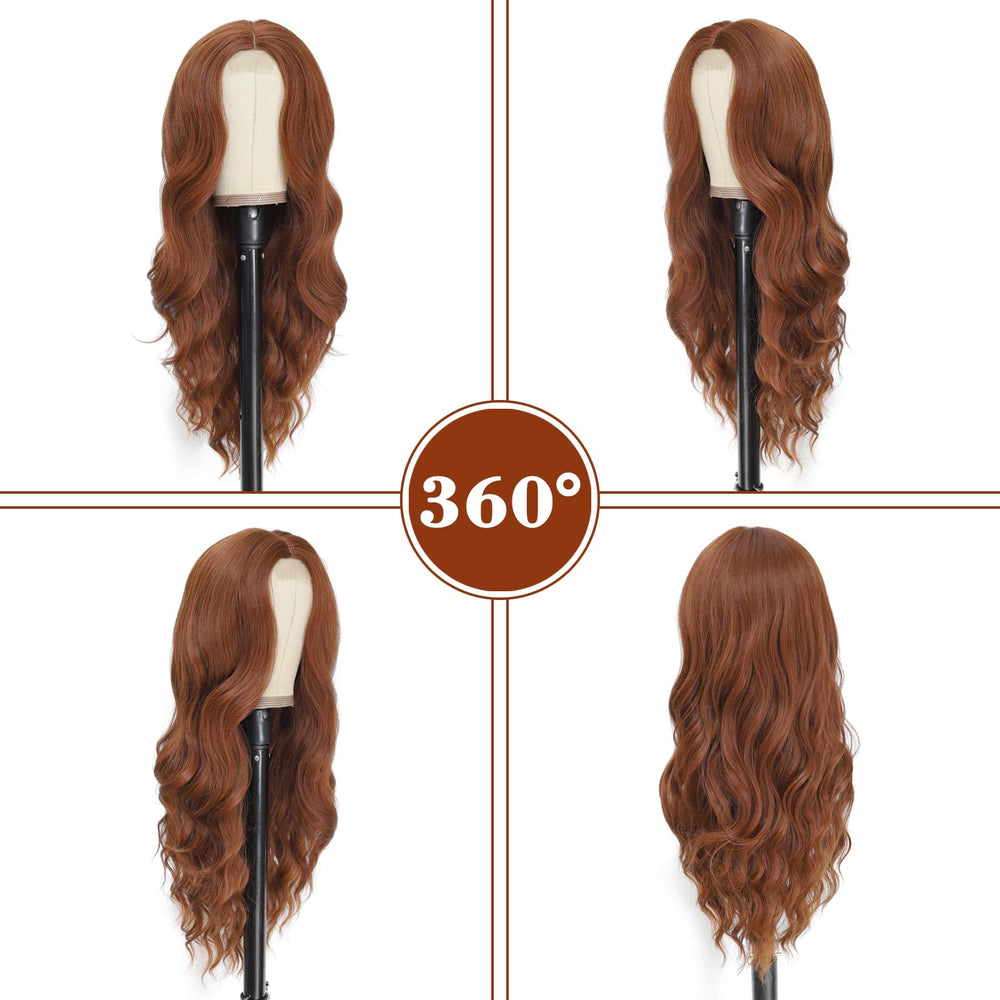 NAYOO Auburn wavy wig close-up lace hairline showing realistic texture.