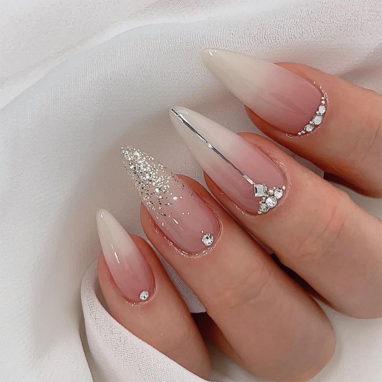 NBNTGH silver glitter French tip nails packaging with 24 pieces and accessories for at-home manicure