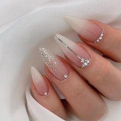 NBNTGH silver glitter French tip nails packaging with 24 pieces and accessories for at-home manicure