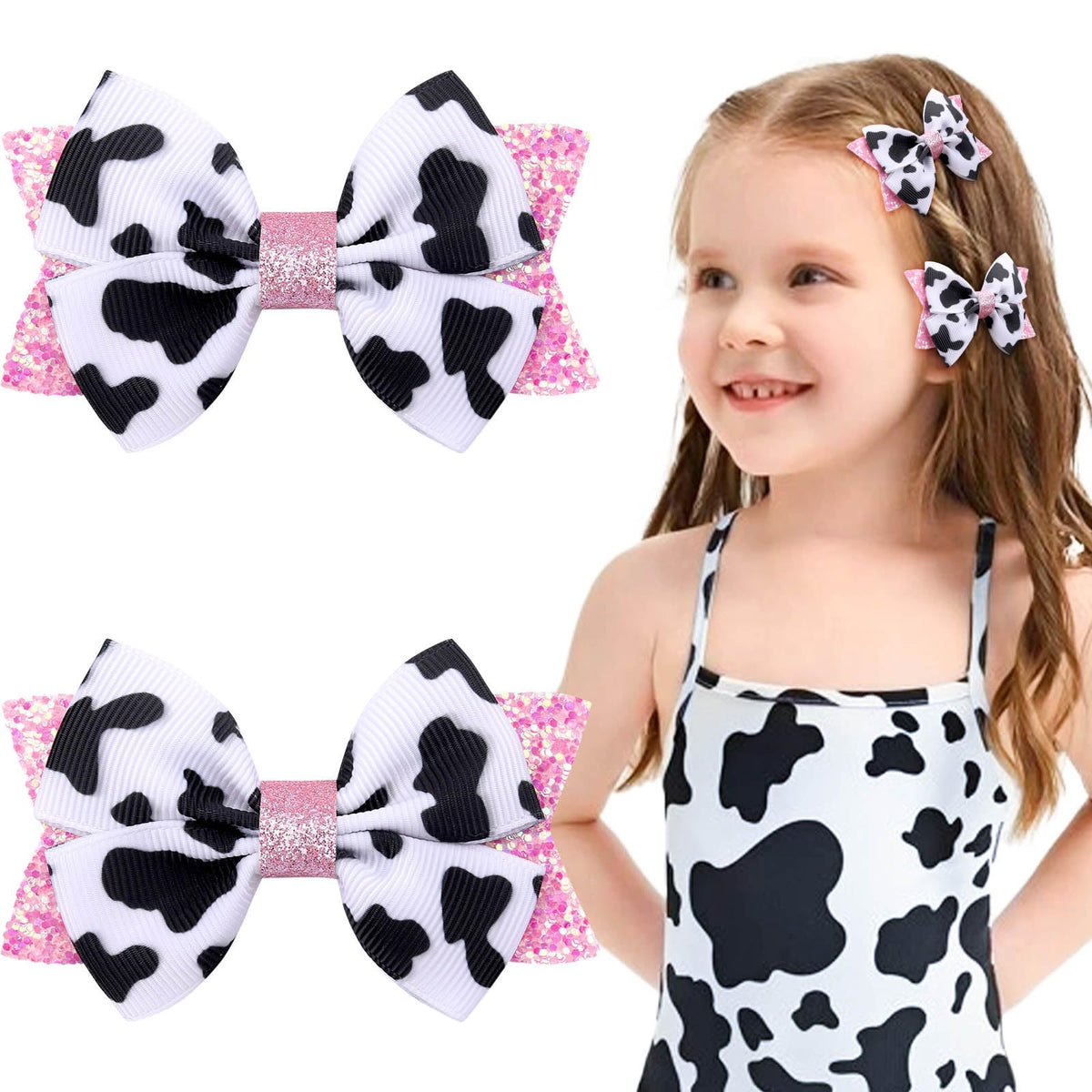 NCMAMA cow-print hair bow pink grosgrain with alligator clip for secure pigtails.