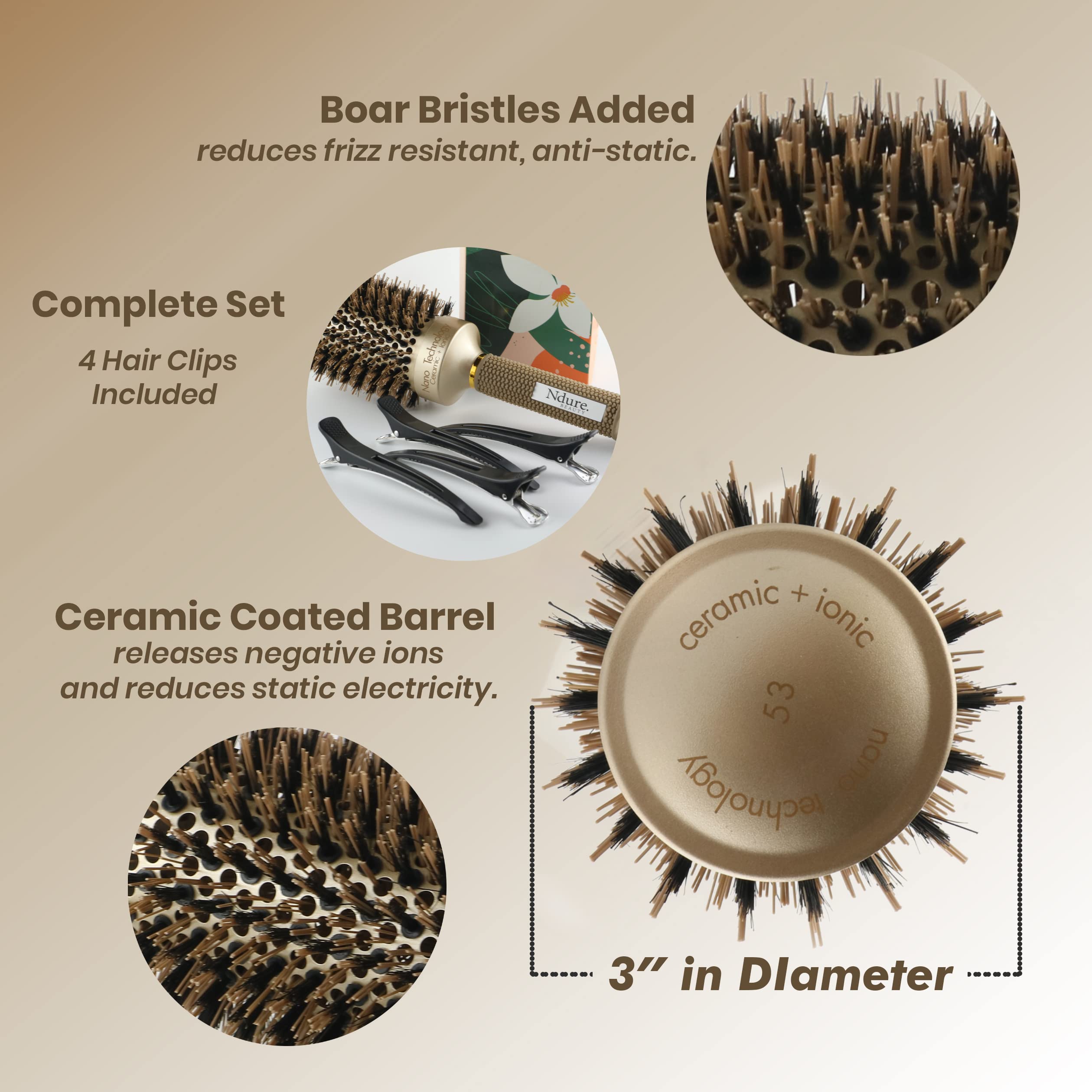 Ndure Beauty round brush with four clips included for versatile styling