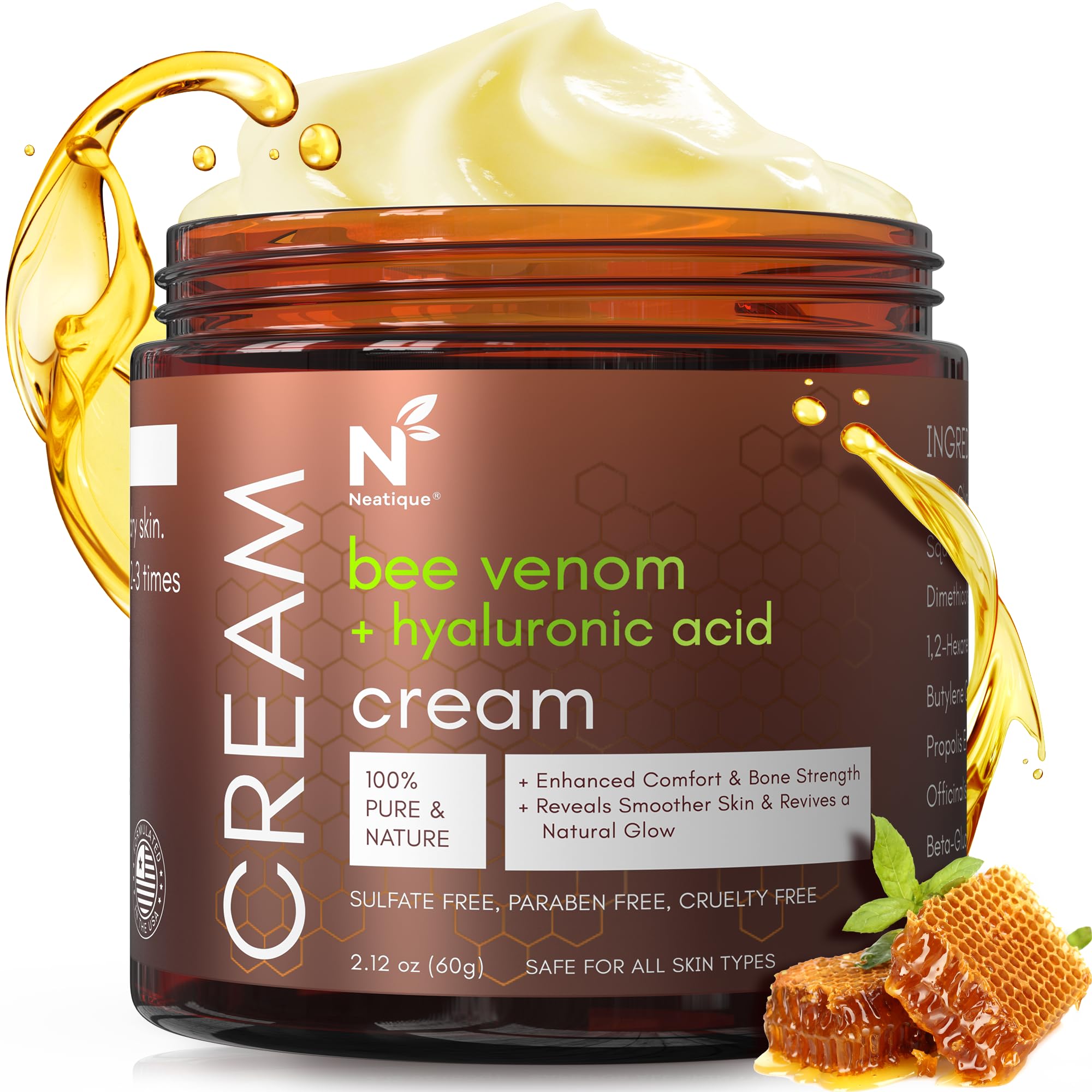 Neatique bee venom and hyaluronic face cream bottle for radiant hydration.