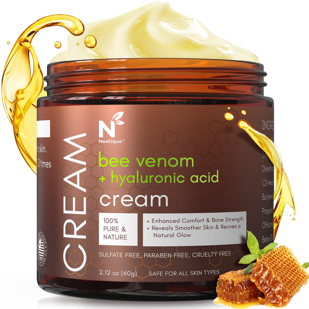 Neatique bee venom and hyaluronic face cream bottle for radiant hydration.