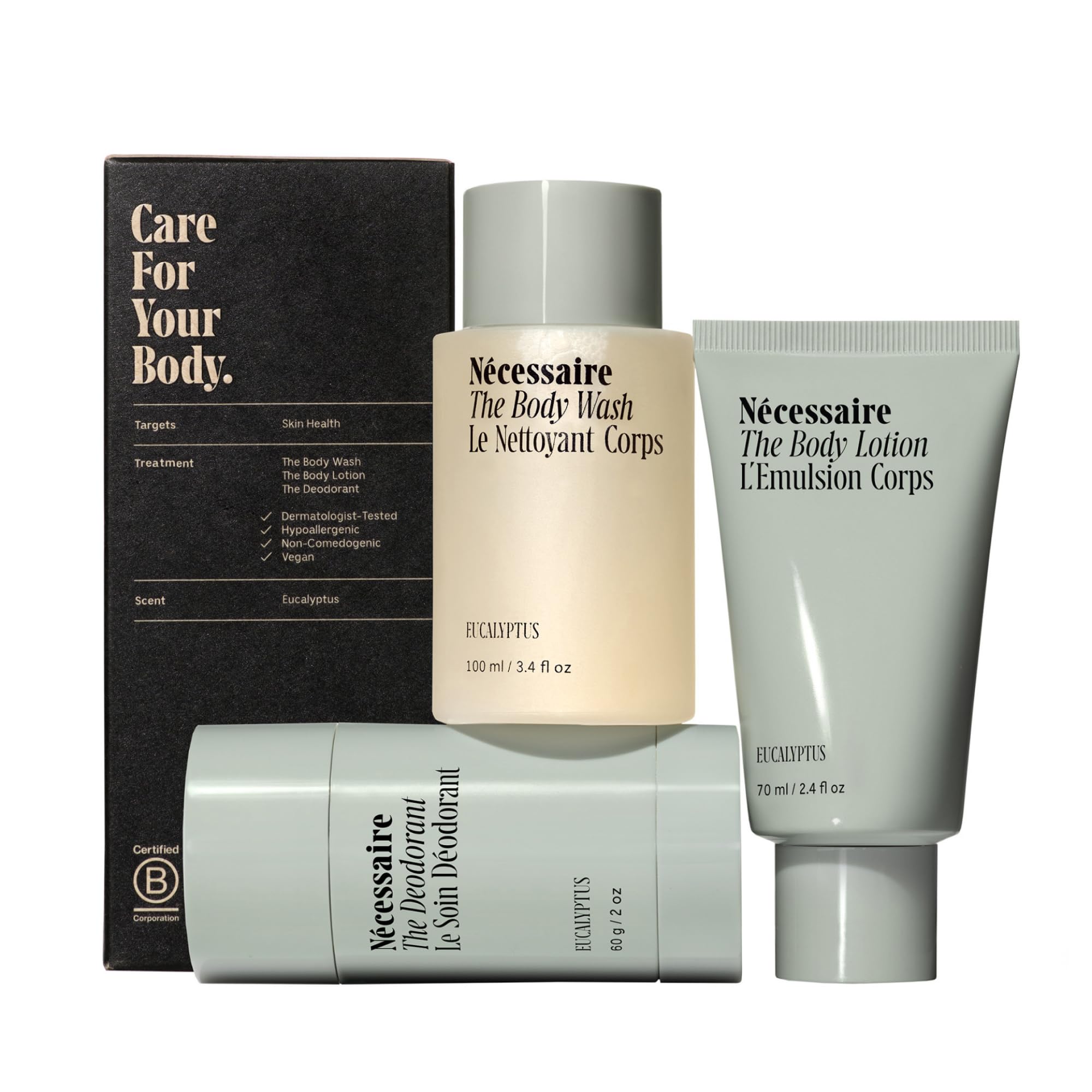 Nécessaire Body Essentials body wash bottle pour reveals a gentle eucalyptus cleanse.