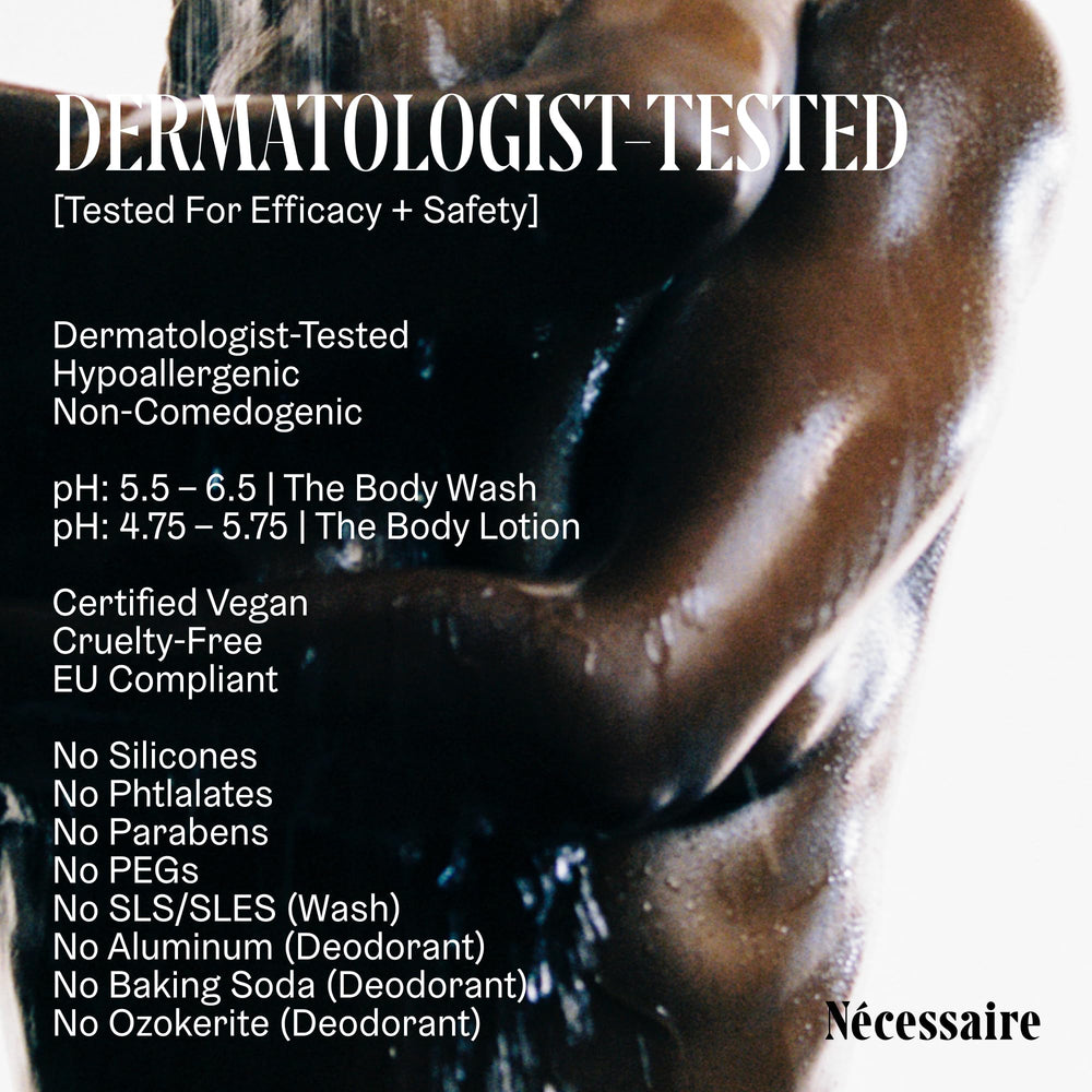 Nécessaire Body Essentials body wash label detail emphasizes clean ingredients.