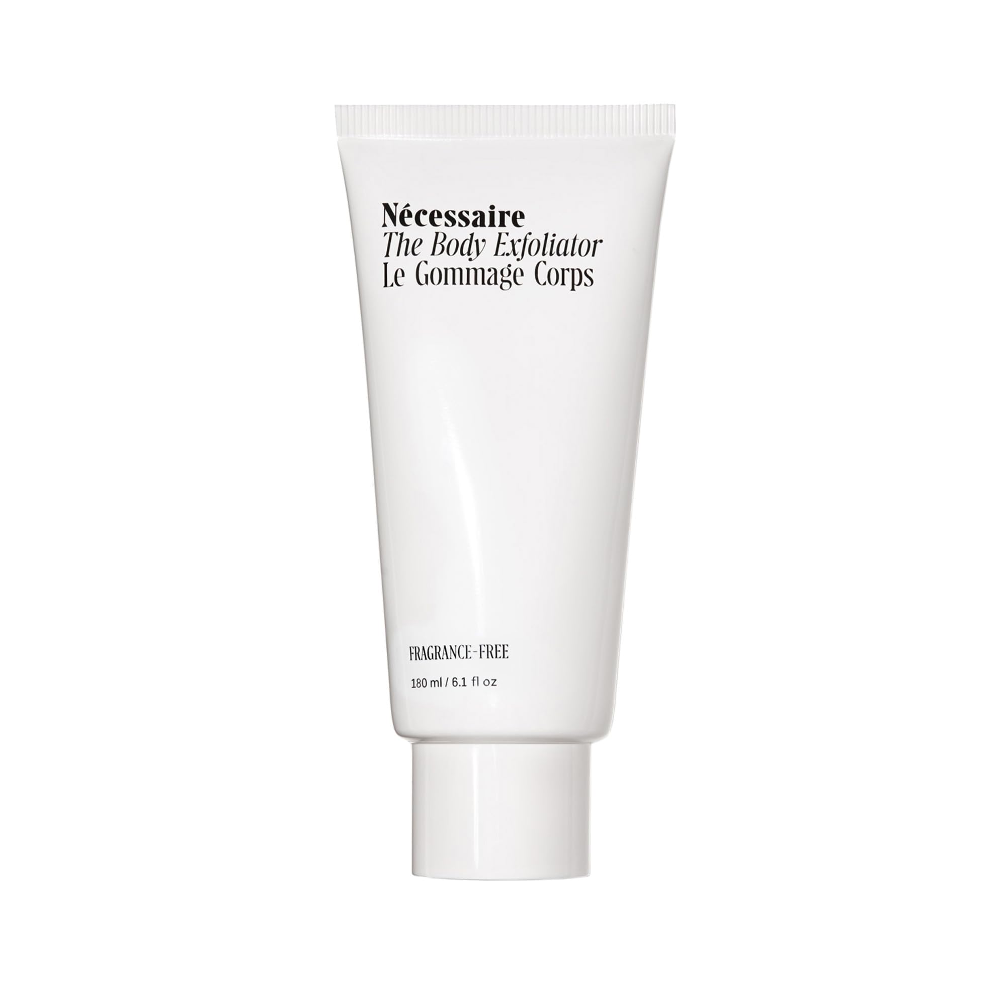 Nécessaire The Body Exfoliator bottle demonstrating gentle exfoliation for smoother skin.