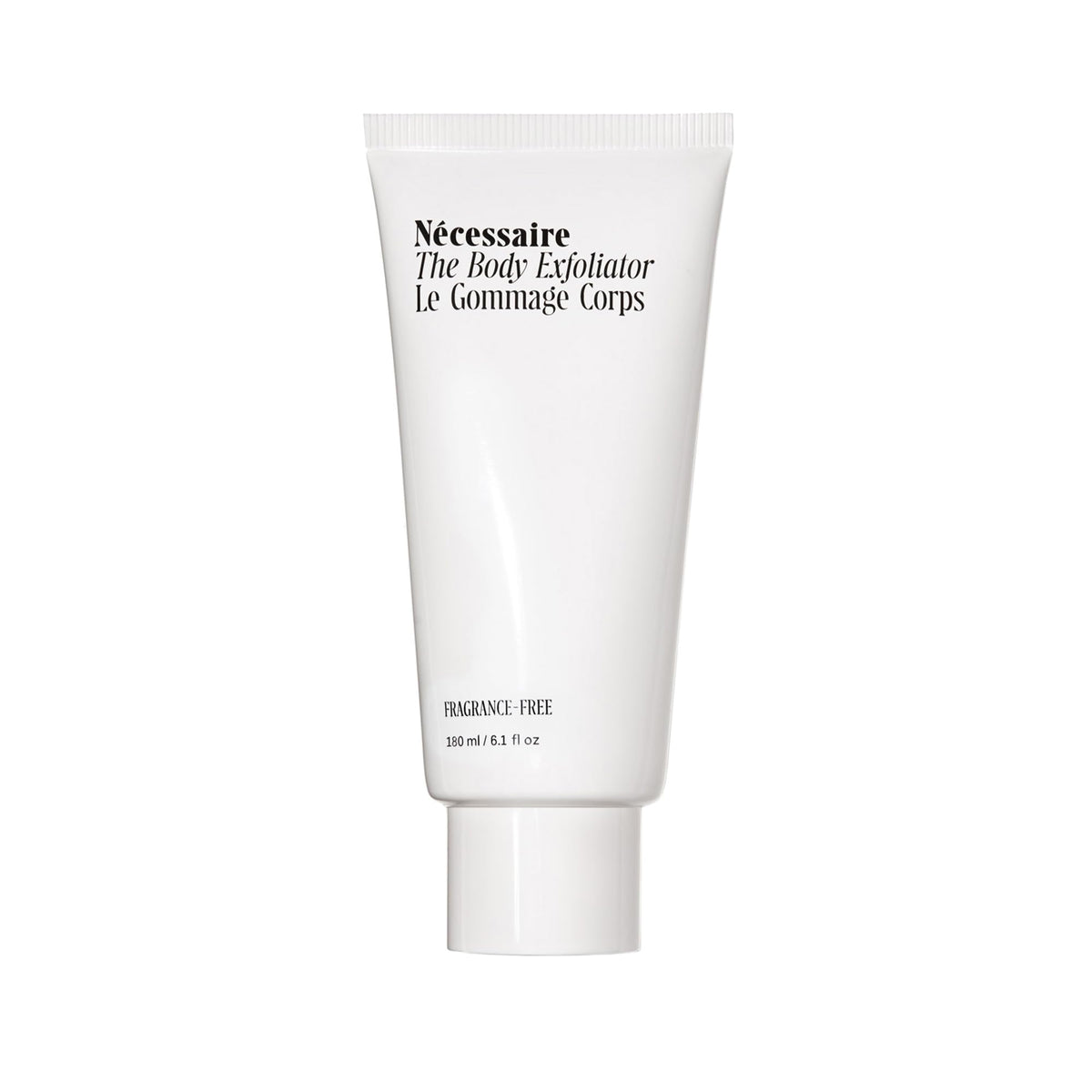 Nécessaire The Body Exfoliator bottle demonstrating gentle exfoliation for smoother skin.