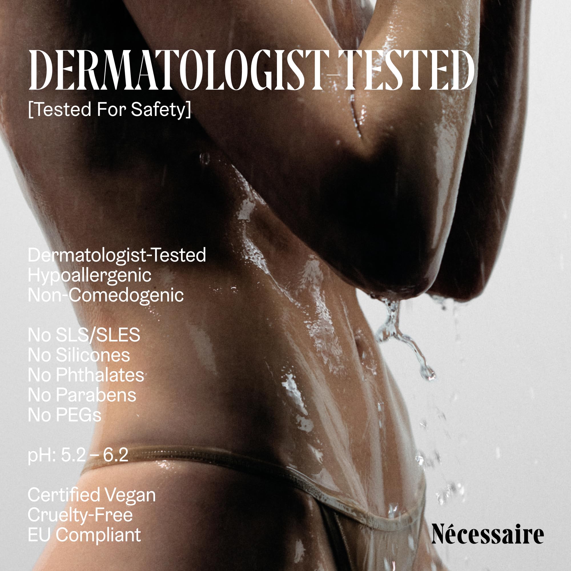 Nécessaire The Body Exfoliator hypoallergenic symbol image conveys safer skincare for allergies.