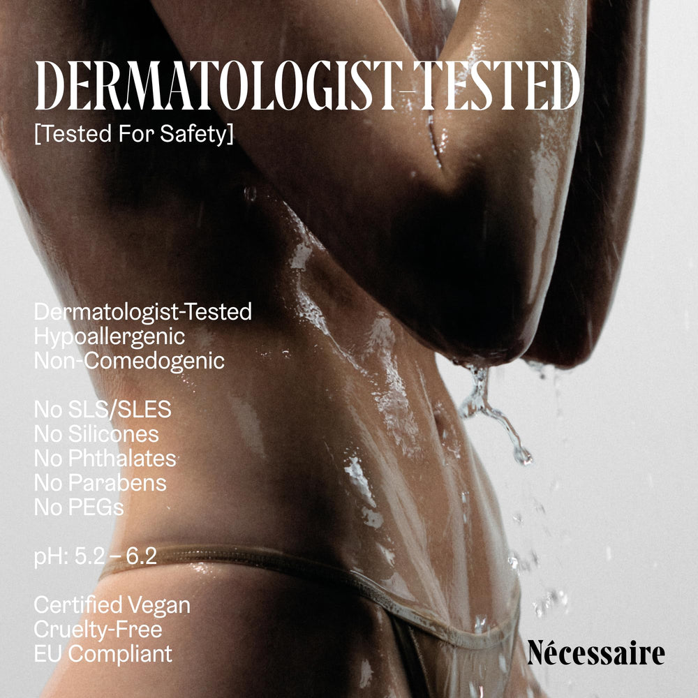 Nécessaire The Body Exfoliator hypoallergenic symbol image conveys safer skincare for allergies.