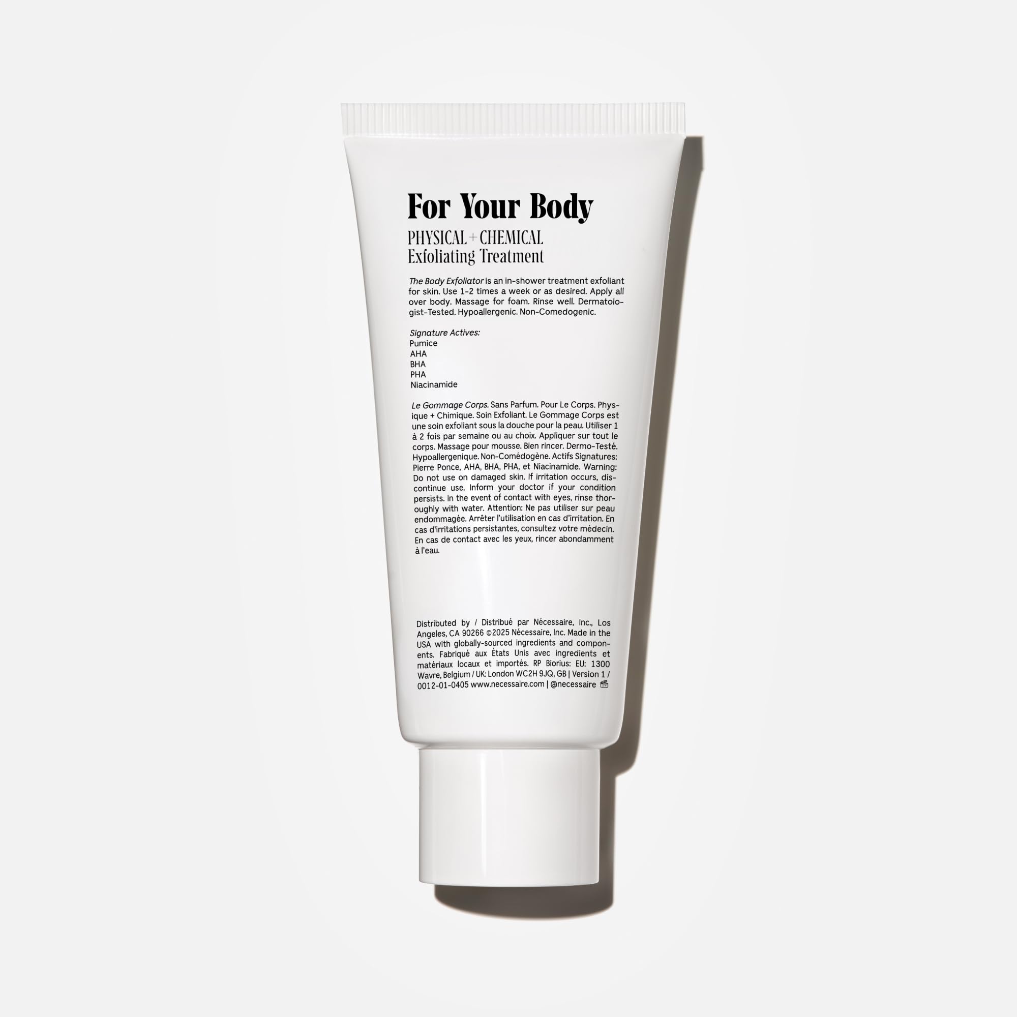 Nécessaire The Body Exfoliator label closeup emphasizes fragrance-free formula for sensitive skin.