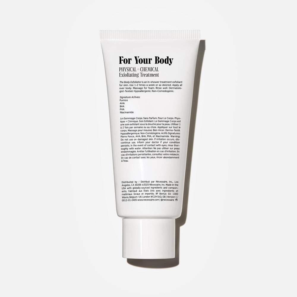 Nécessaire The Body Exfoliator label closeup emphasizes fragrance-free formula for sensitive skin.