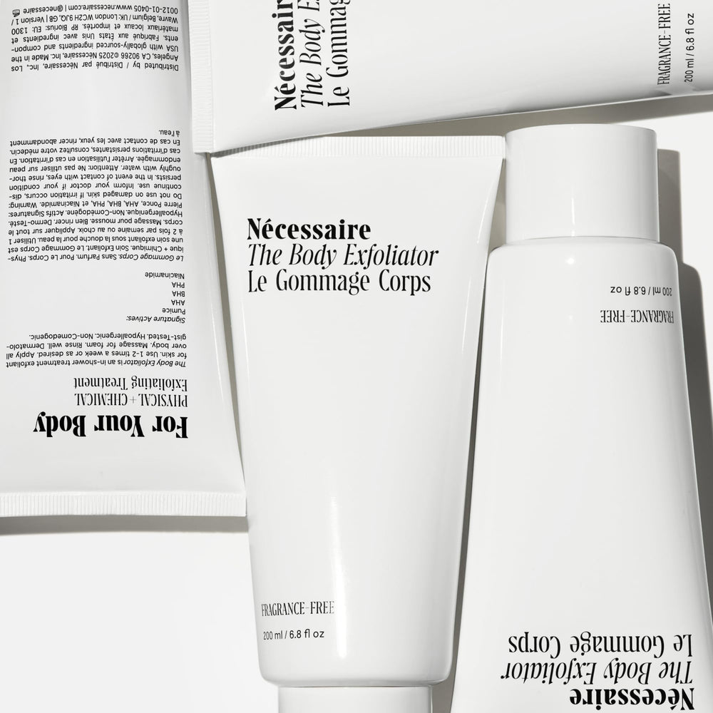 Nécessaire The Body Exfoliator texture swatch shows creamy, non-drying exfoliant.