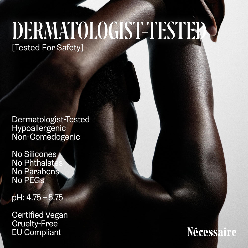 Nécessaire The Body Lotion dermatologist-tested label signals gentle skincare for all.