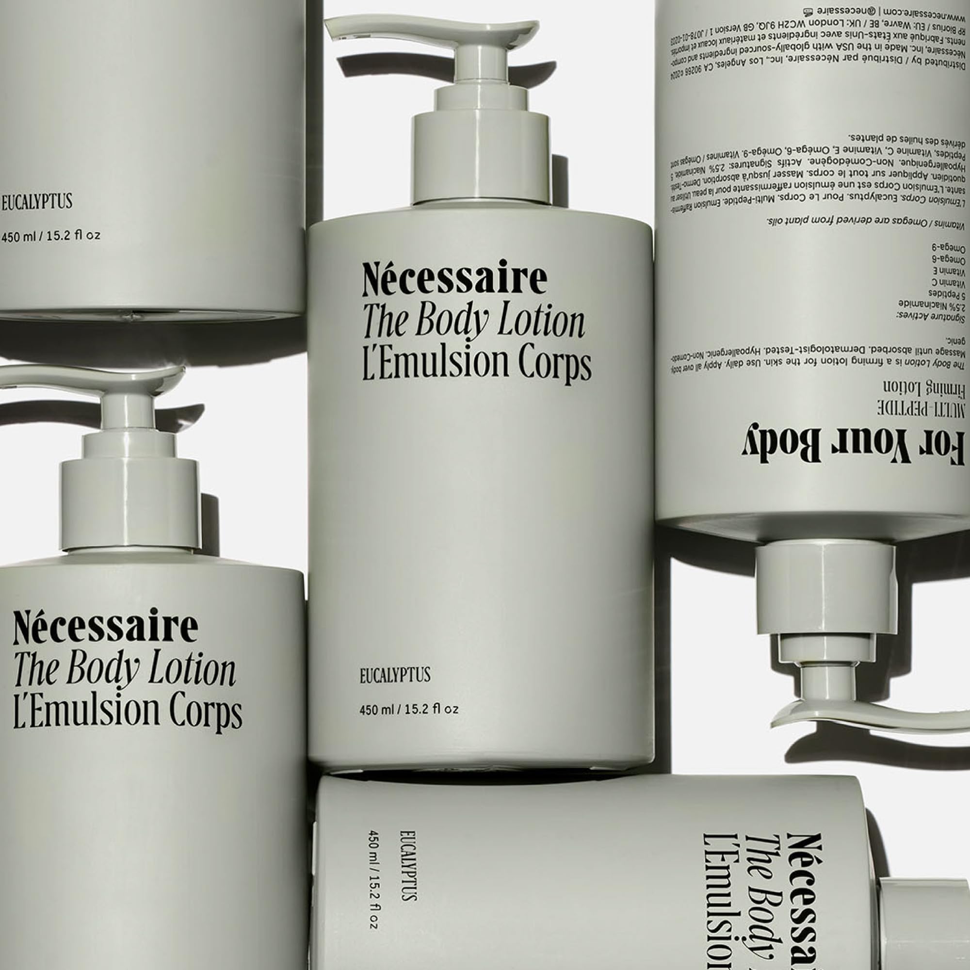 Nécessaire The Body Lotion Eucalyptus ingredient panel—niacinamide and plant oils for barrier support