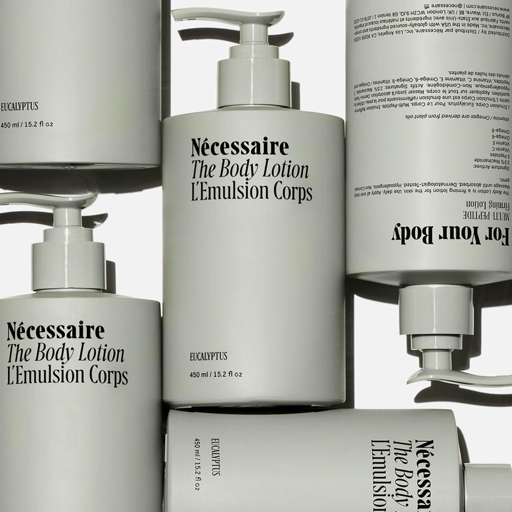 Nécessaire The Body Lotion Eucalyptus ingredient panel—niacinamide and plant oils for barrier support