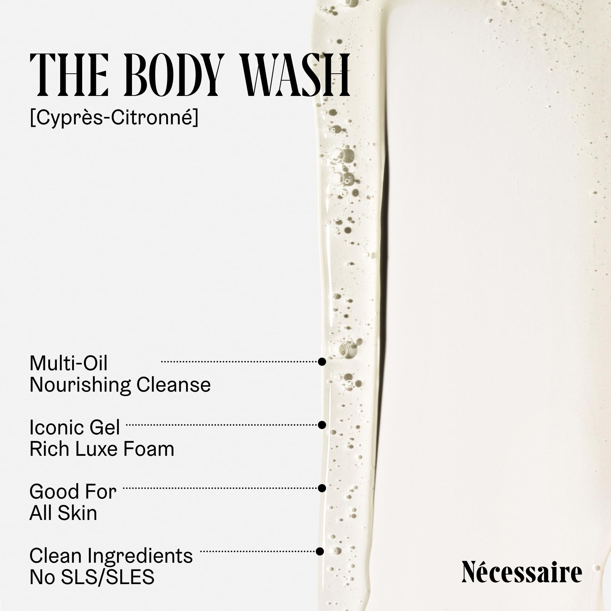 Nécessaire body wash Cyprès-Citronné foam shows luxurious lather for easy cleansing.